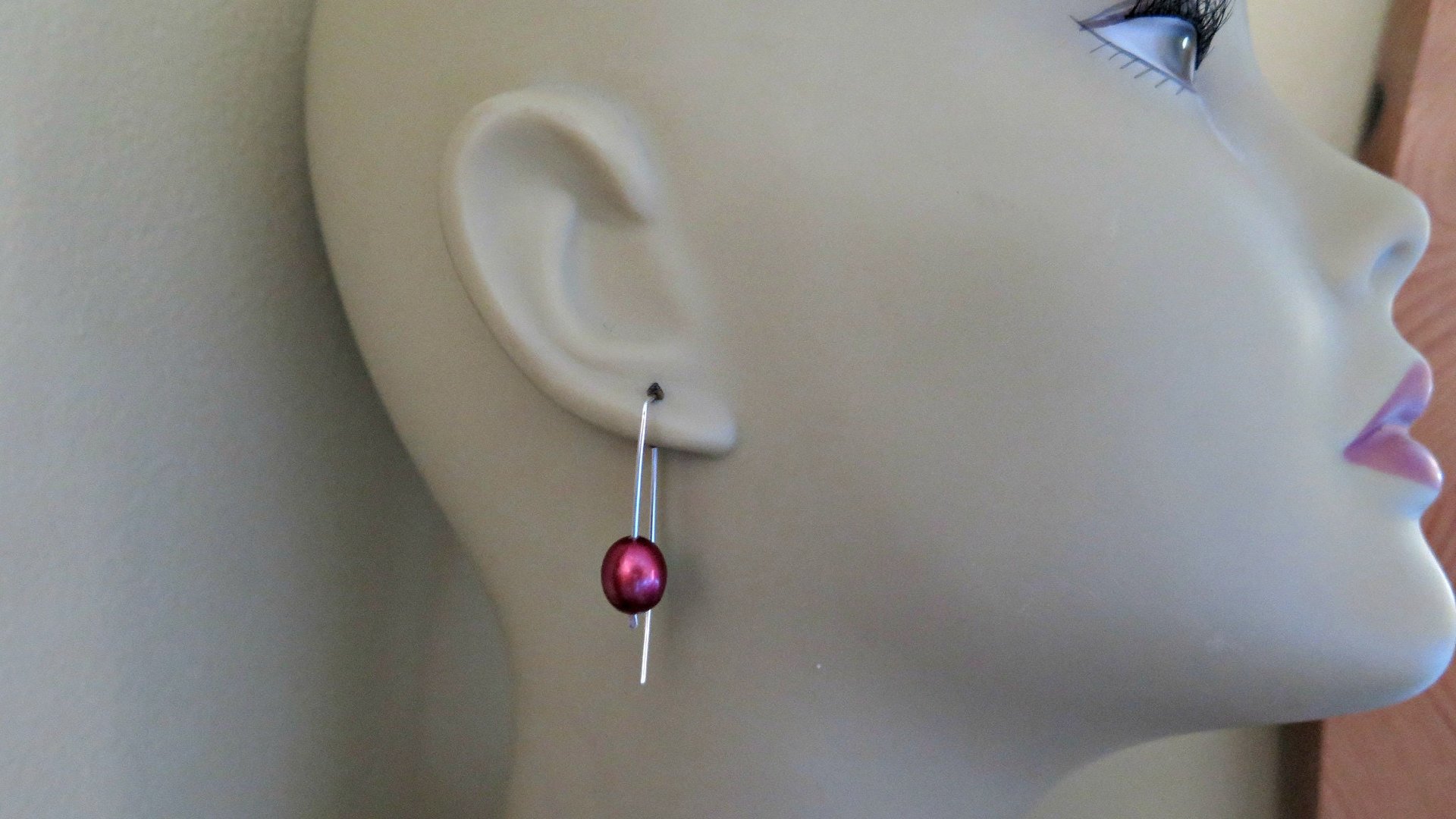 red pearl earrings in sterling silver. modern freshwater pearl jewelry. 1 1/2” drop earrings. made in Calgary, Canada
