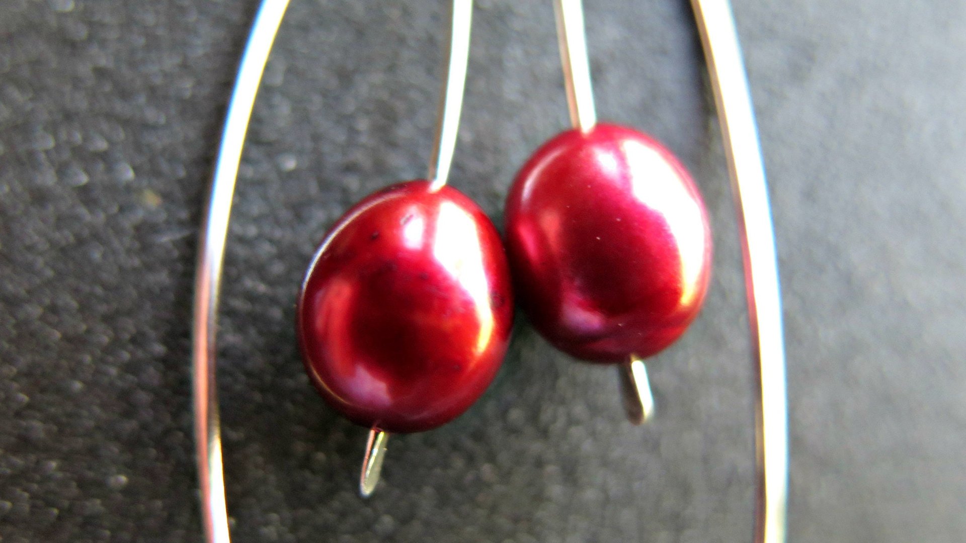 red pearl earrings in sterling silver. modern freshwater pearl jewelry. 1 1/2” drop earrings. made in Calgary, Canada