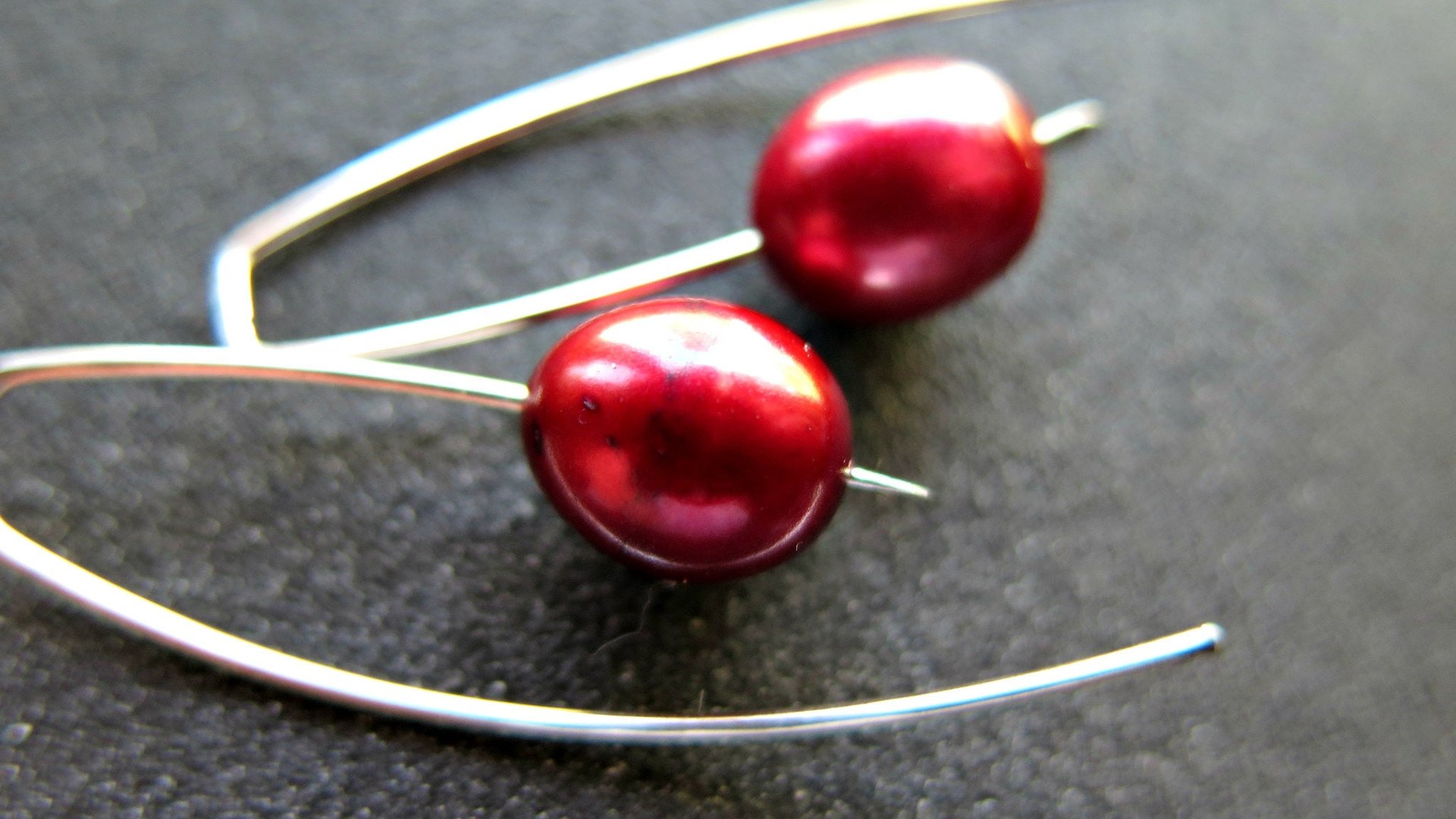 red pearl earrings in sterling silver. modern freshwater pearl jewelry. 1 1/2” drop earrings. made in Calgary, Canada