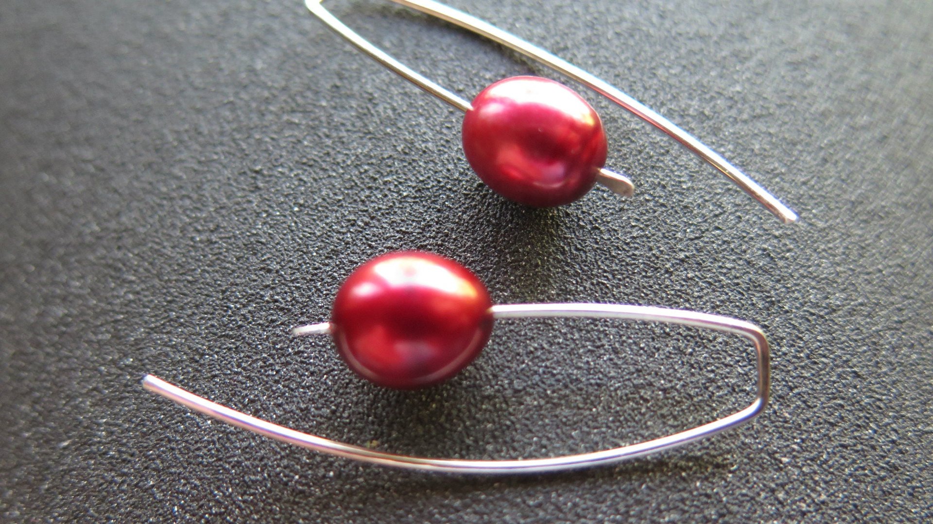 red pearl earrings in sterling silver. modern freshwater pearl jewelry. 1 1/2” drop earrings. made in Calgary, Canada