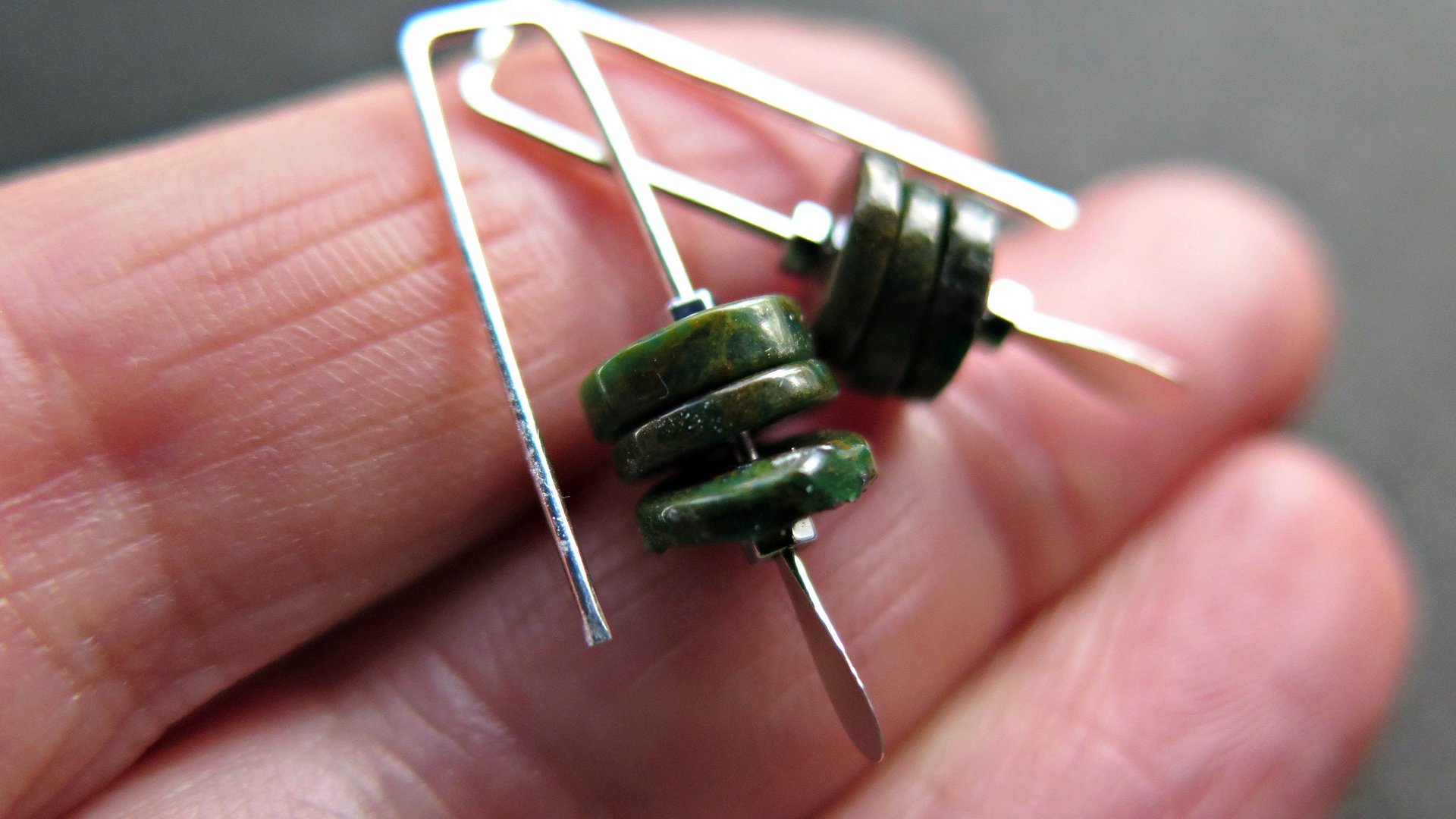 dark forest green jasper earrings. small modern earrings. splurge jewellery made in Calgary.