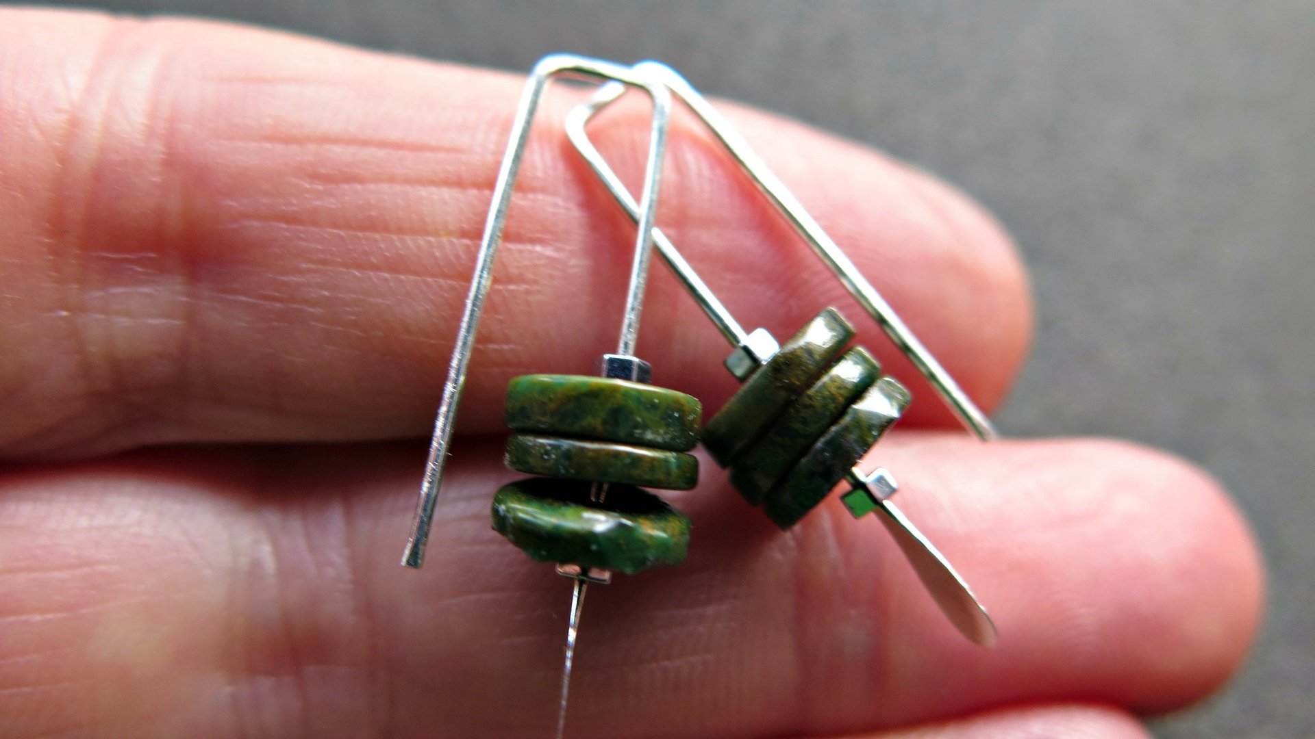 dark forest green jasper earrings. small modern earrings. splurge jewellery made in Calgary.