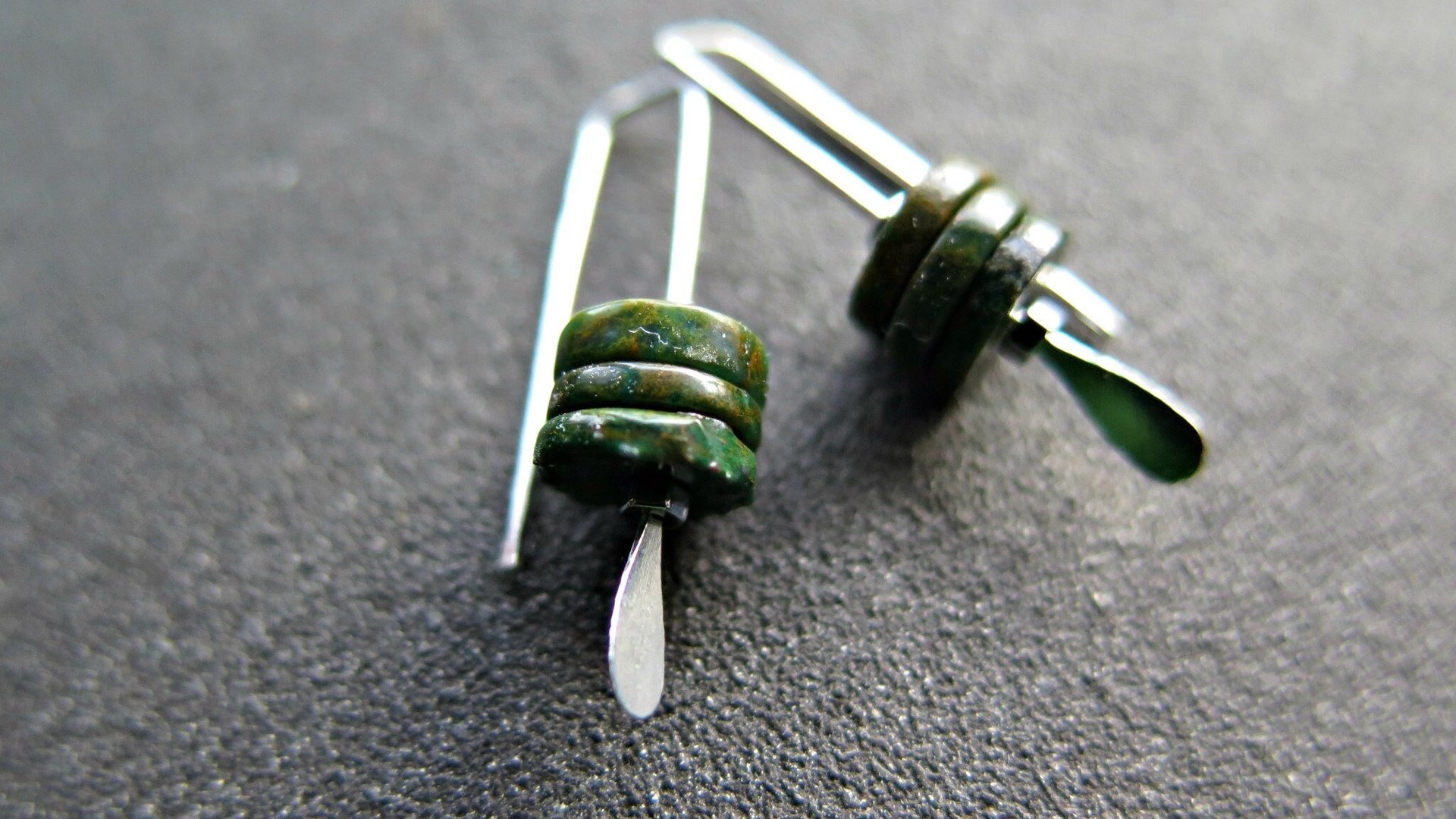 dark forest green jasper earrings. small modern earrings. splurge jewellery made in Calgary.