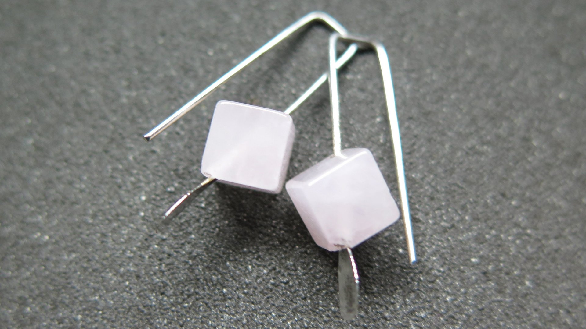small rose quartz earrings in pale pink and silver. quartz jewelry. cube earrings for women