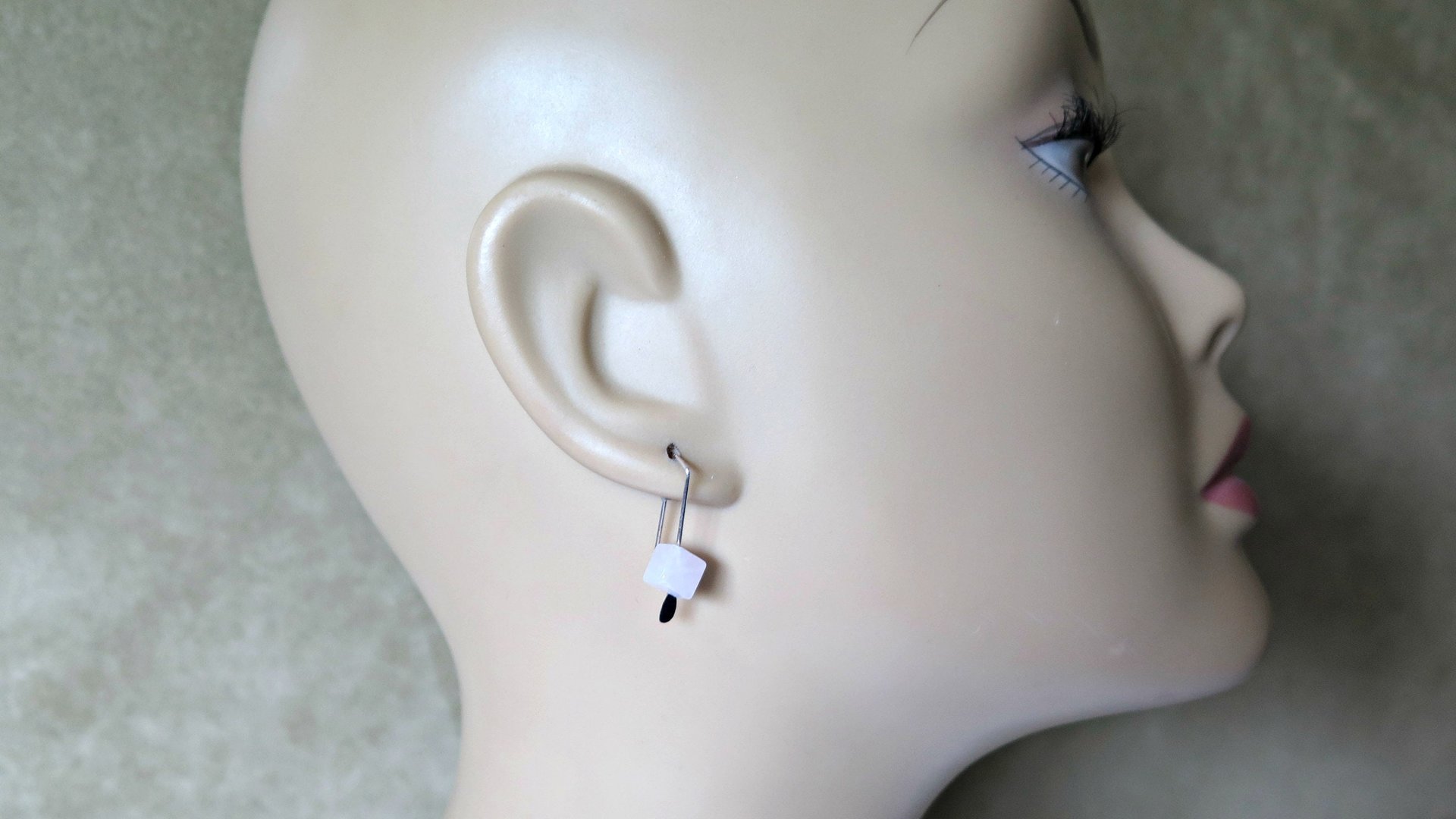 small rose quartz earrings in pale pink and silver. quartz jewelry. cube earrings for women