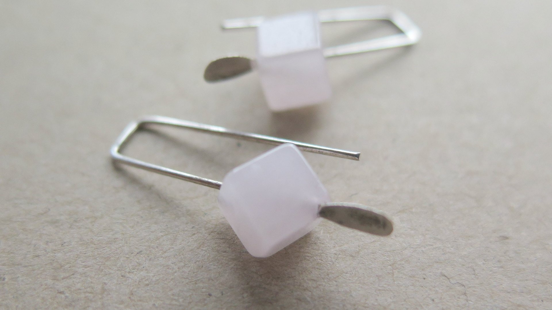 small rose quartz earrings in pale pink and silver. quartz jewelry. cube earrings for women