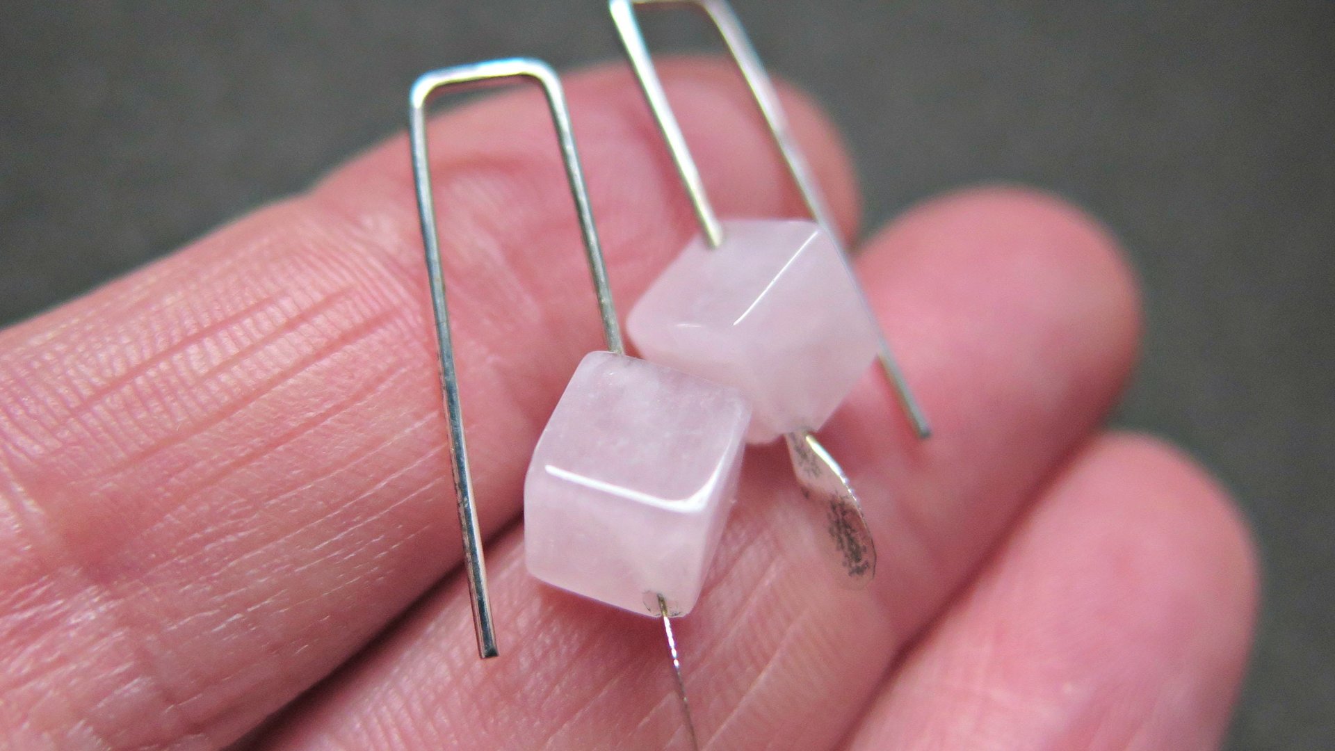 small rose quartz earrings in pale pink and silver. quartz jewelry. cube earrings for women