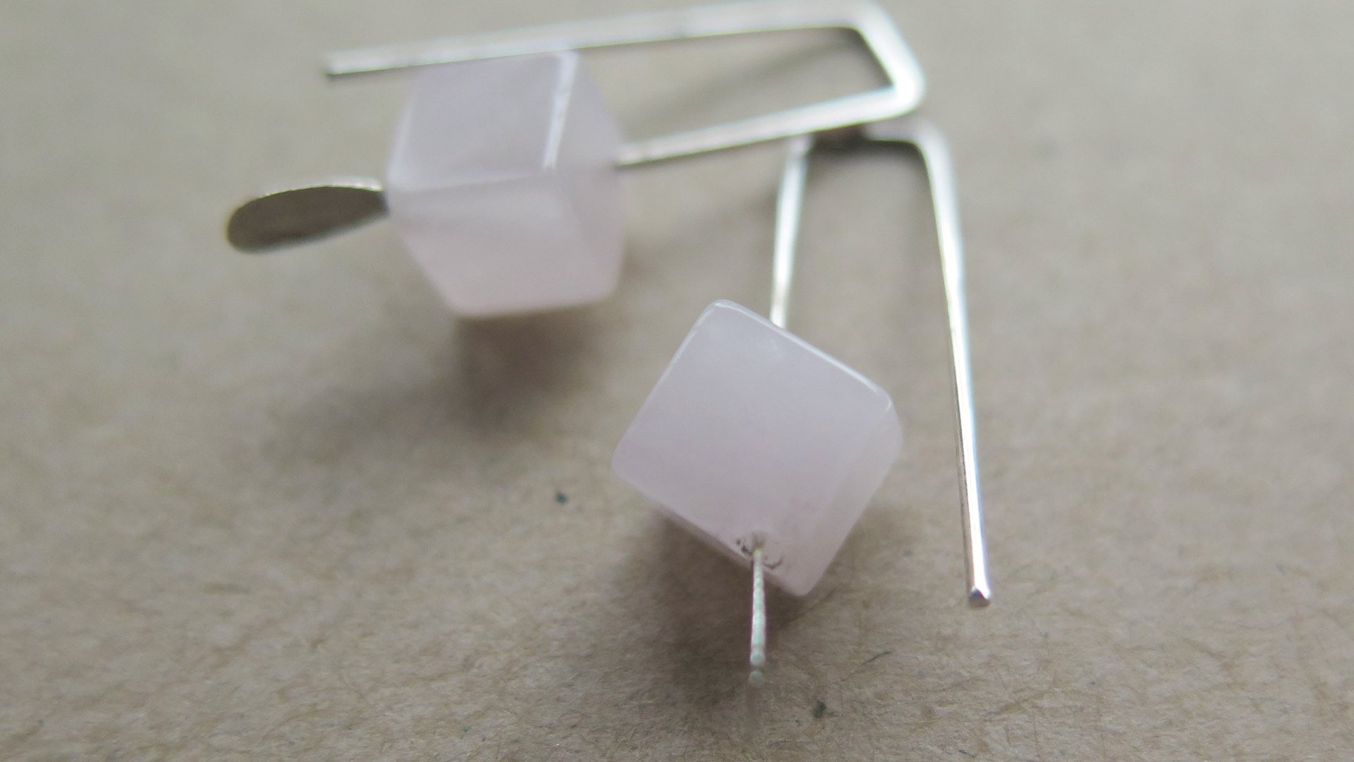 small rose quartz earrings in pale pink and silver. quartz jewelry. cube earrings for women