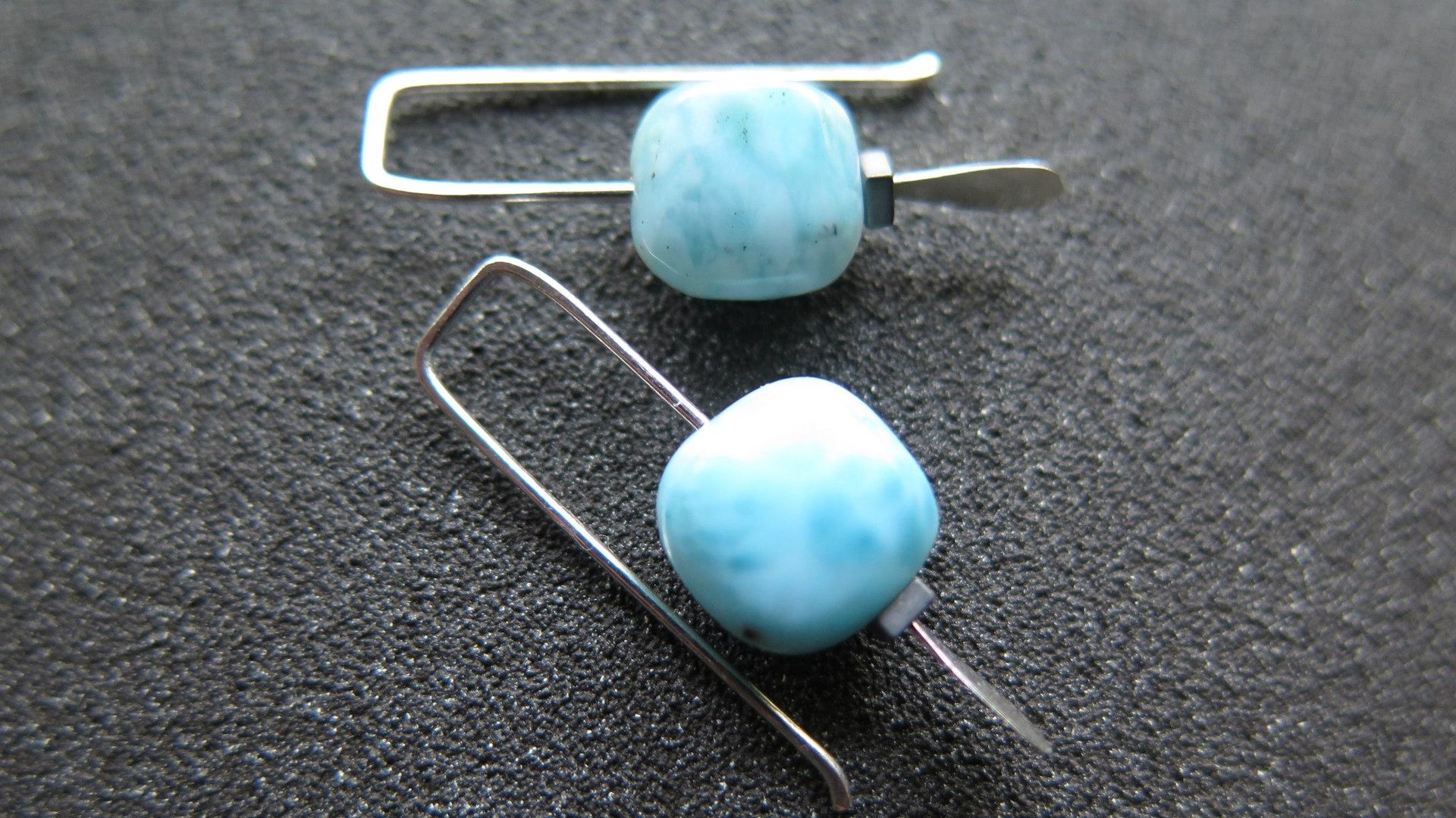 natural larimar earrings. small blue stone earrings. handmade in Calgary by splurge