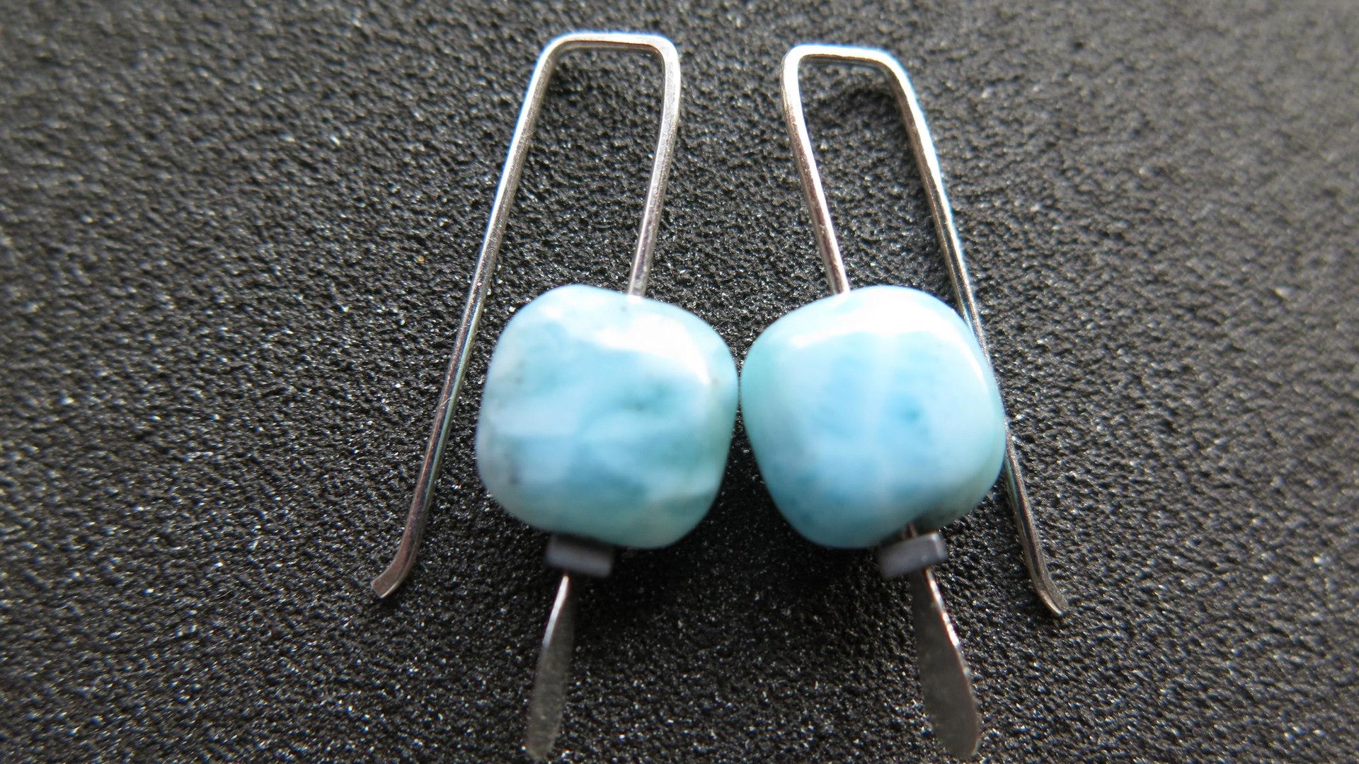 natural larimar earrings. small blue stone earrings. handmade in Calgary by splurge