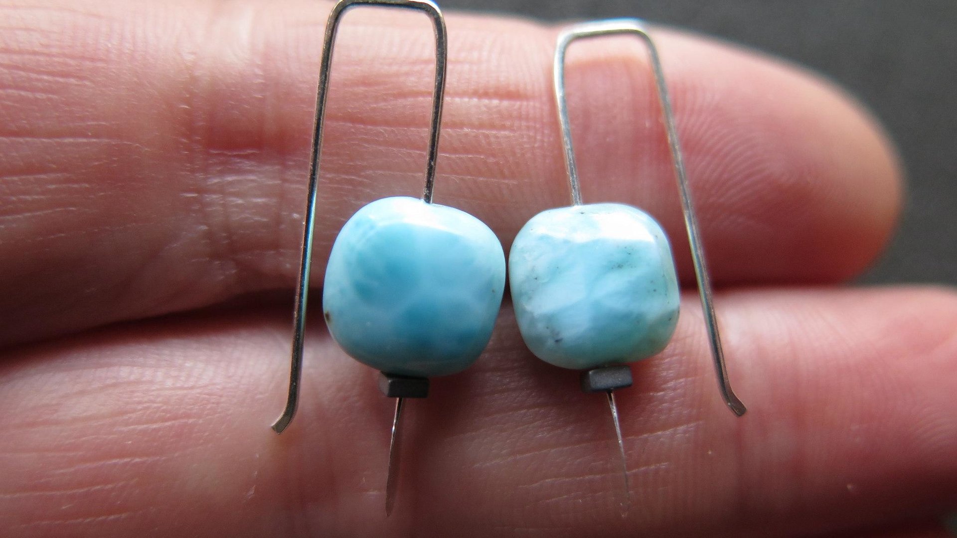 natural larimar earrings. small blue stone earrings. handmade in Calgary by splurge