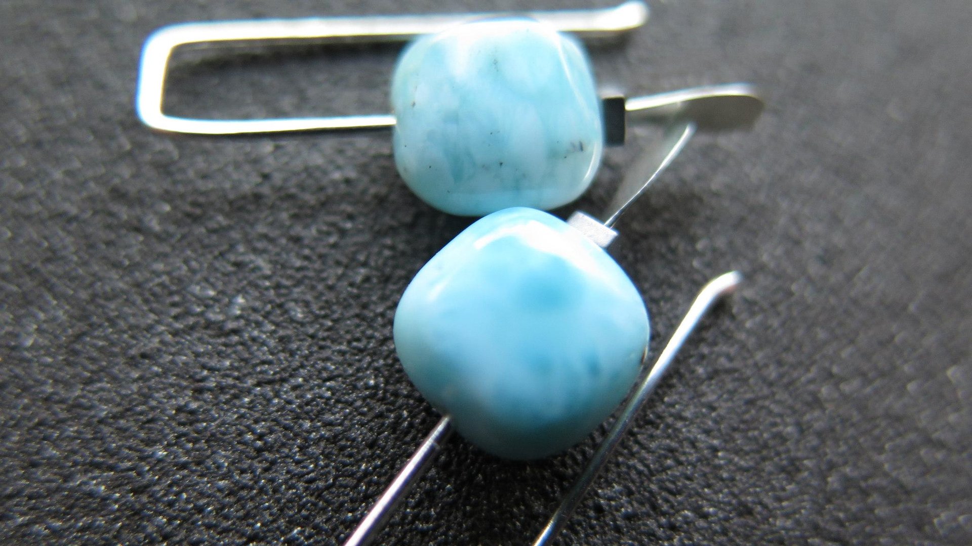 natural larimar earrings. small blue stone earrings. handmade in Calgary by splurge