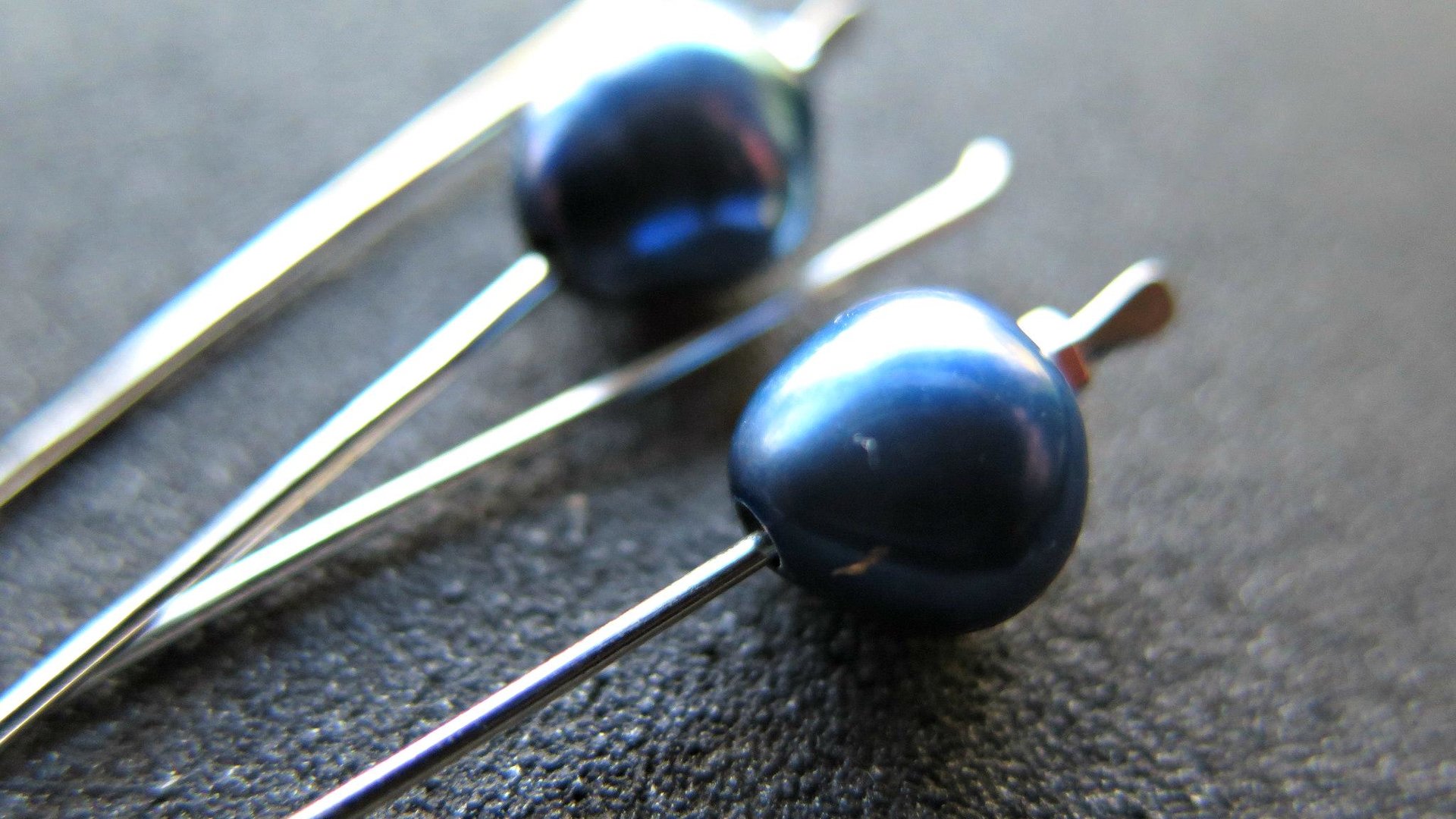 blue pearl earrings in sterling silver. modern freshwater pearl jewelry. 1 1/2” drop earrings. made in Calgary, Canada