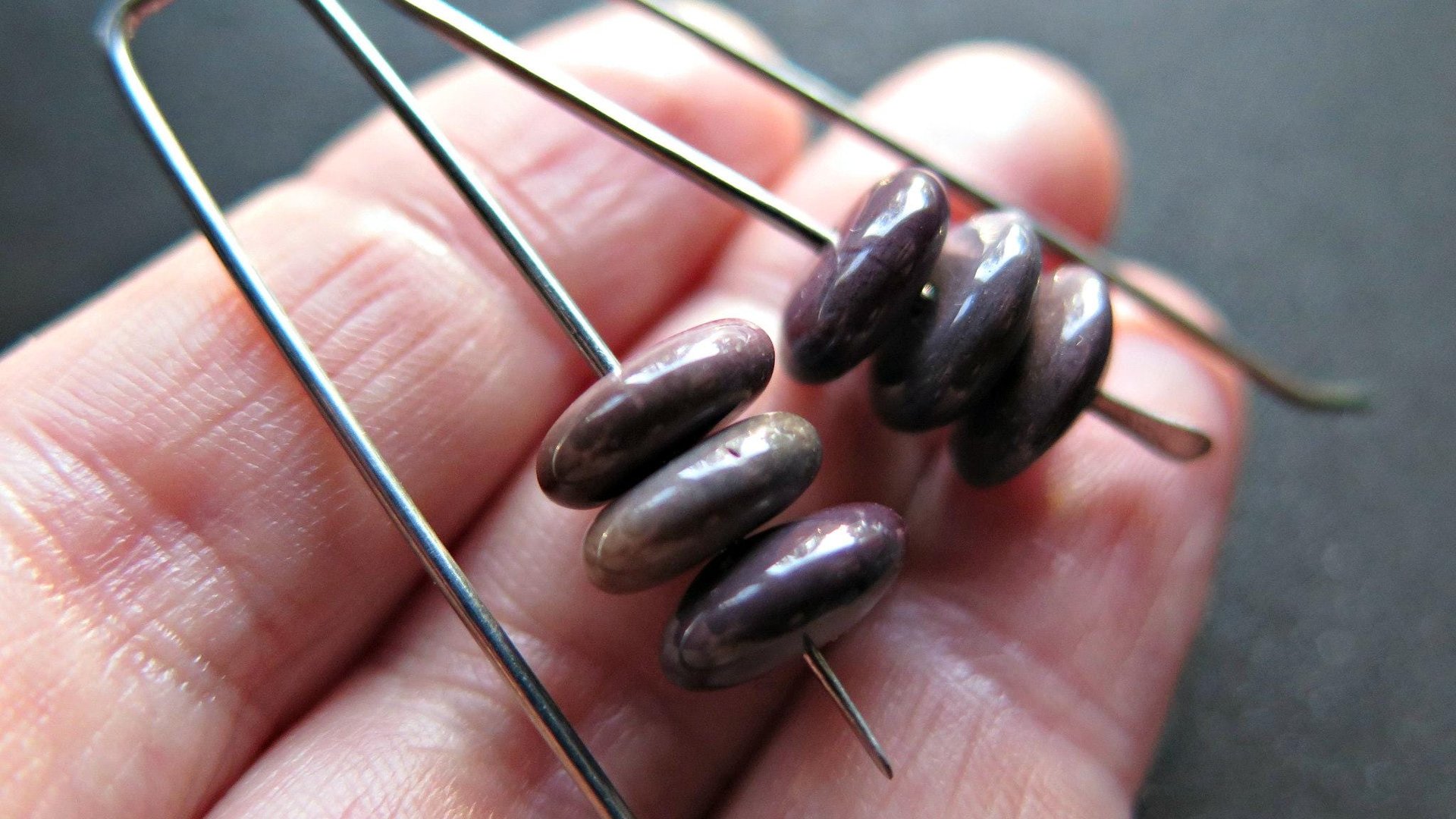 plum jasper earrings in grey niobium wire. contemporary stone jewelry. Canadian jewellery.
