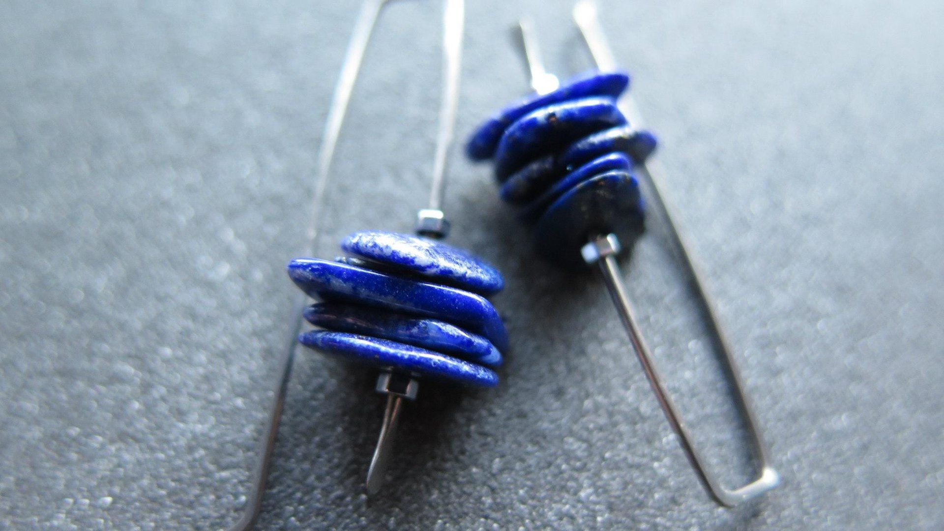 modern blue lapis earrings with hematite. grey niobium wires for sensitive ears. lapis lazuli jewellery.