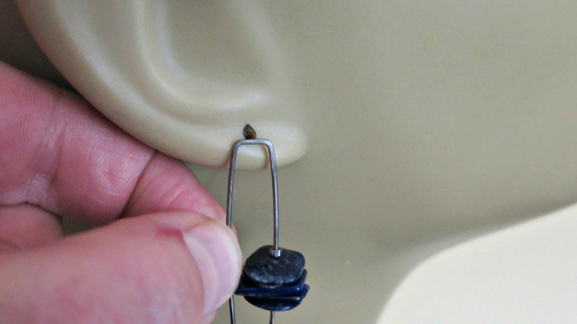 modern blue lapis earrings with hematite. grey niobium wires for sensitive ears. lapis lazuli jewellery.