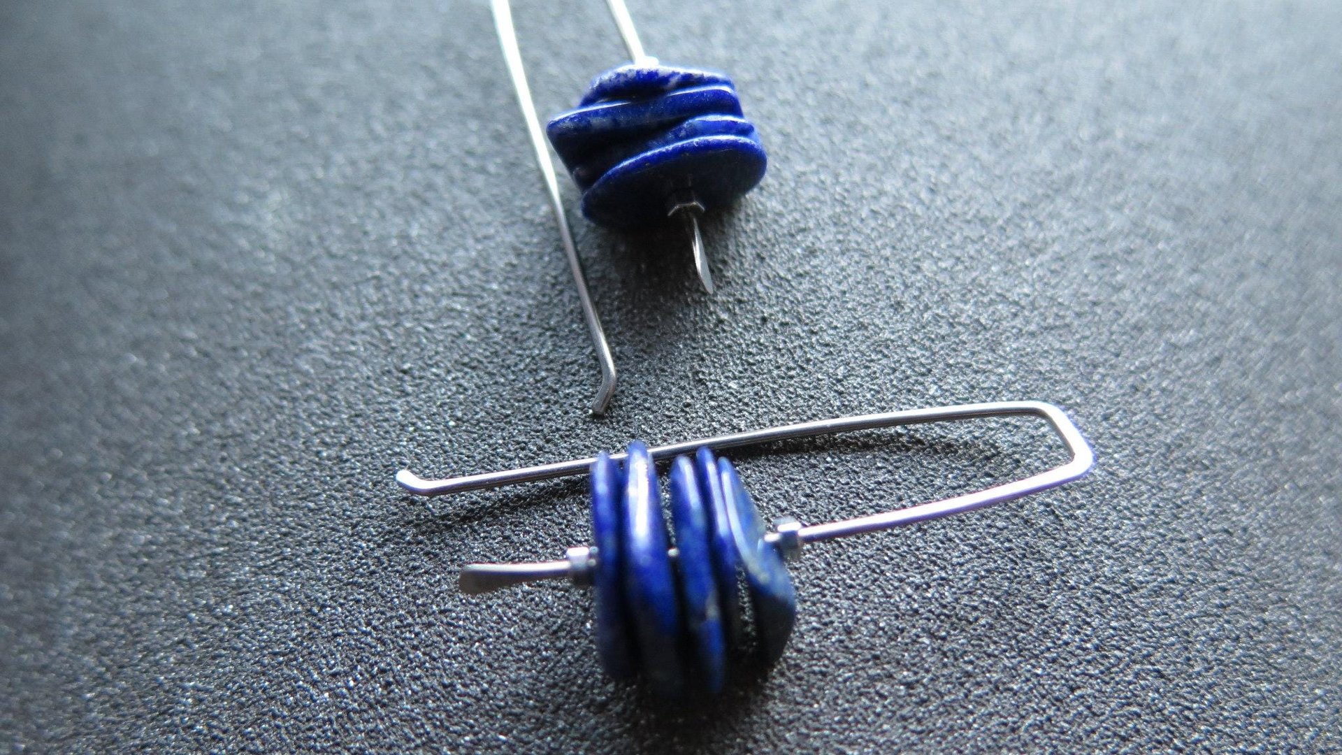 modern blue lapis earrings with hematite. grey niobium wires for sensitive ears. lapis lazuli jewellery.