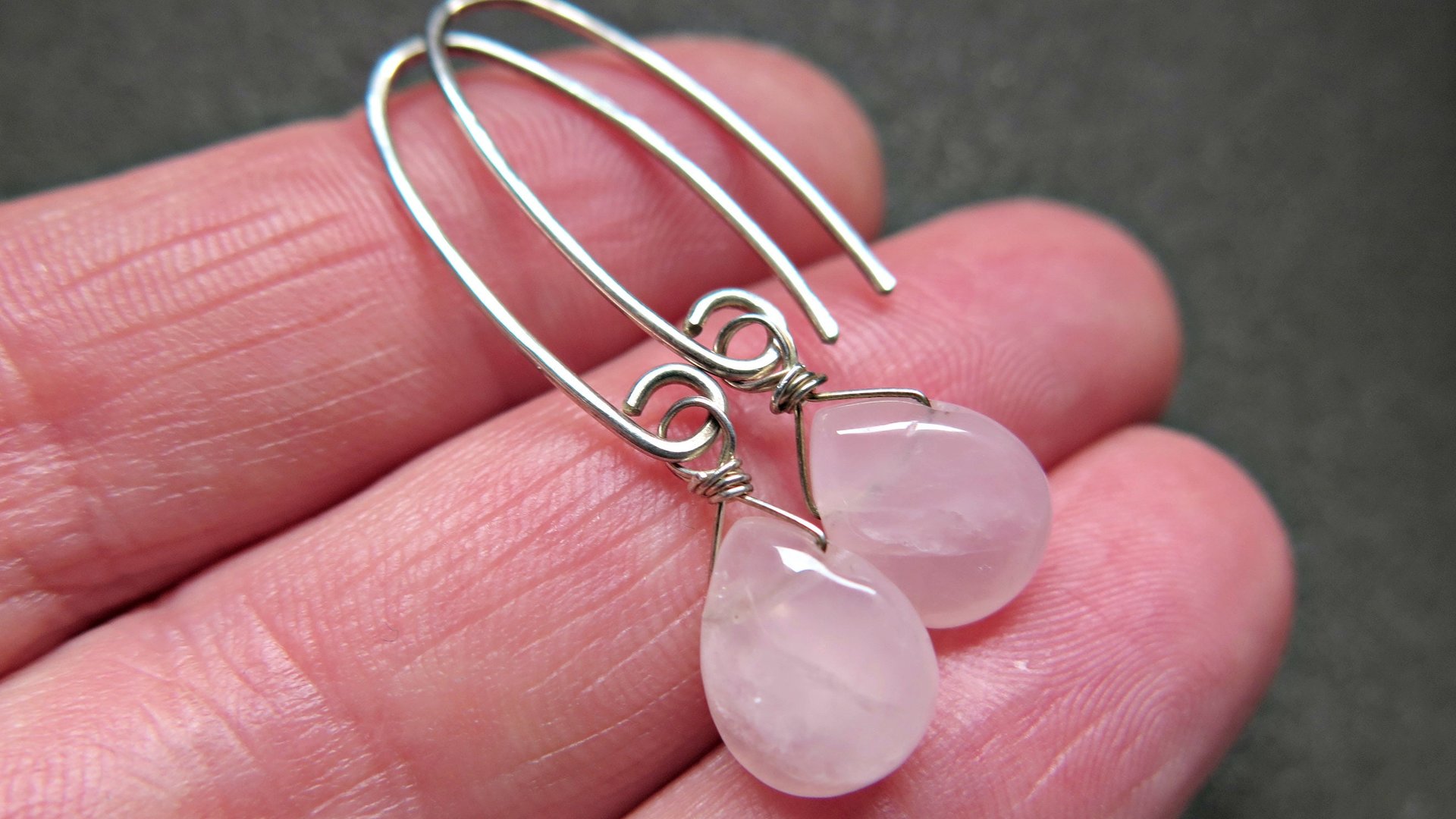 rose quartz earrings. pink dangle earrings. made in Canada.