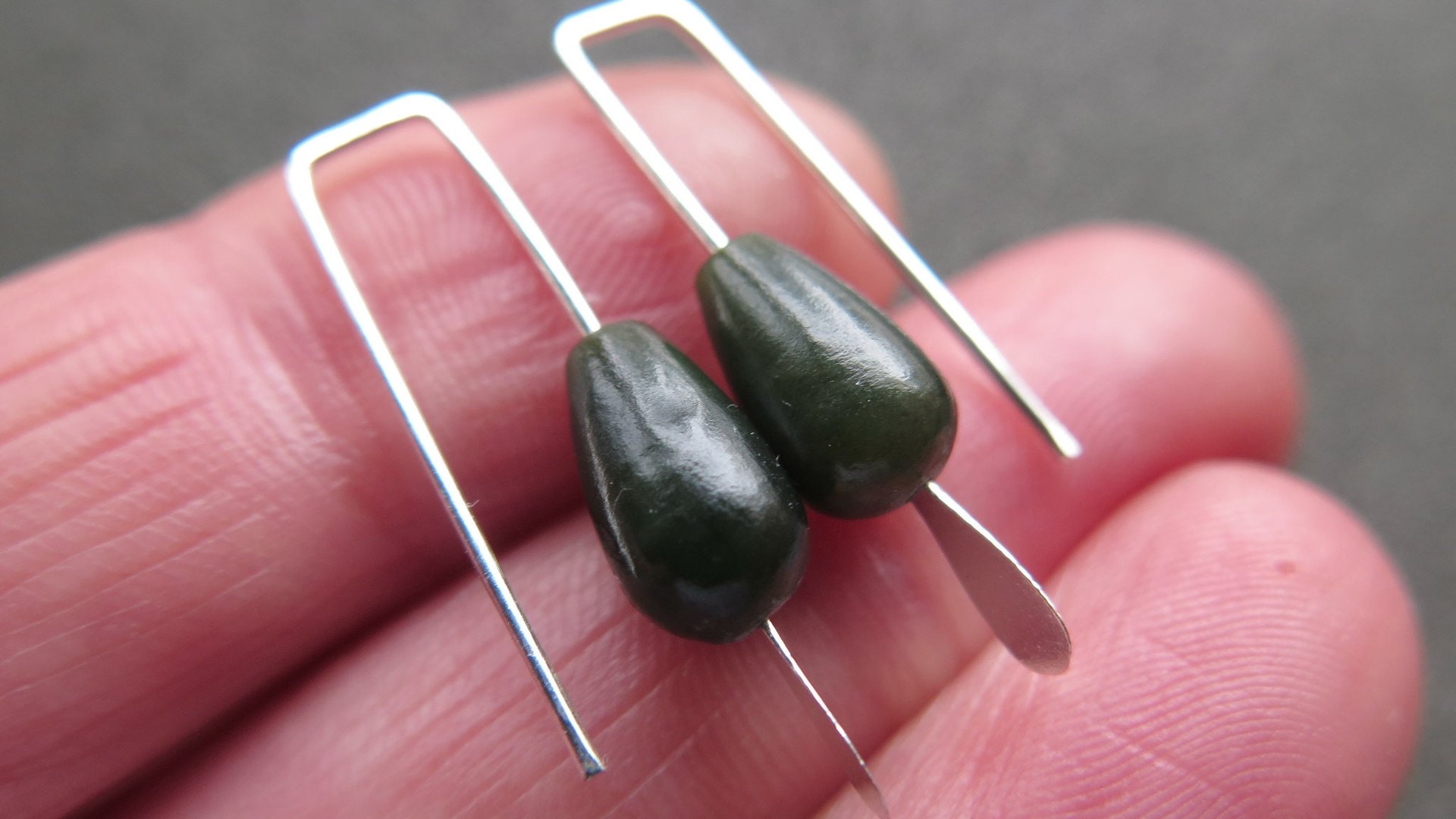 very dark forest green jade earrings. natural jade jewelry from Canada