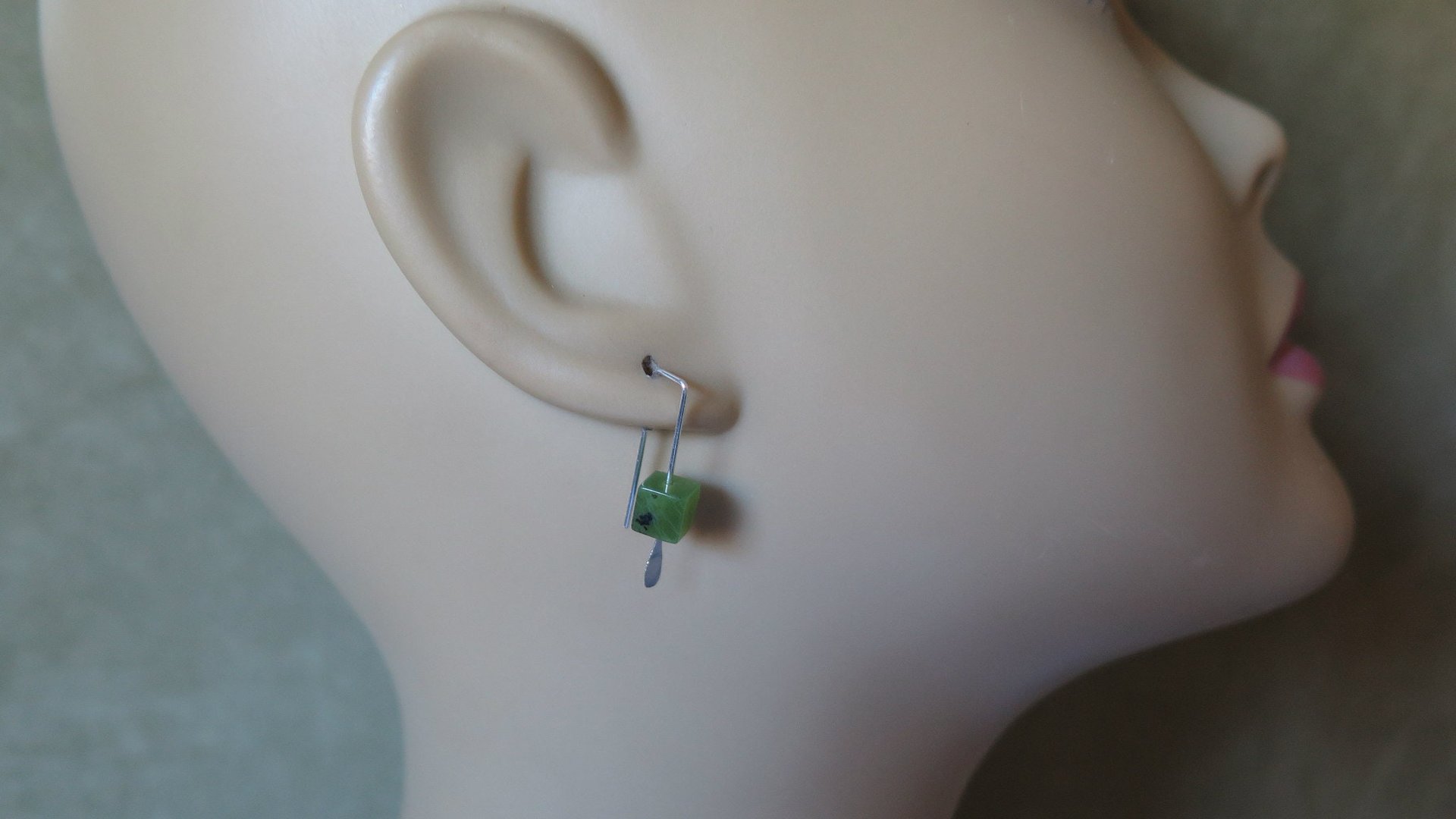 small green jade earrings from Canada. nephrite jade jewelry. cube earrings. Canadian seller. 1 inch earrings.