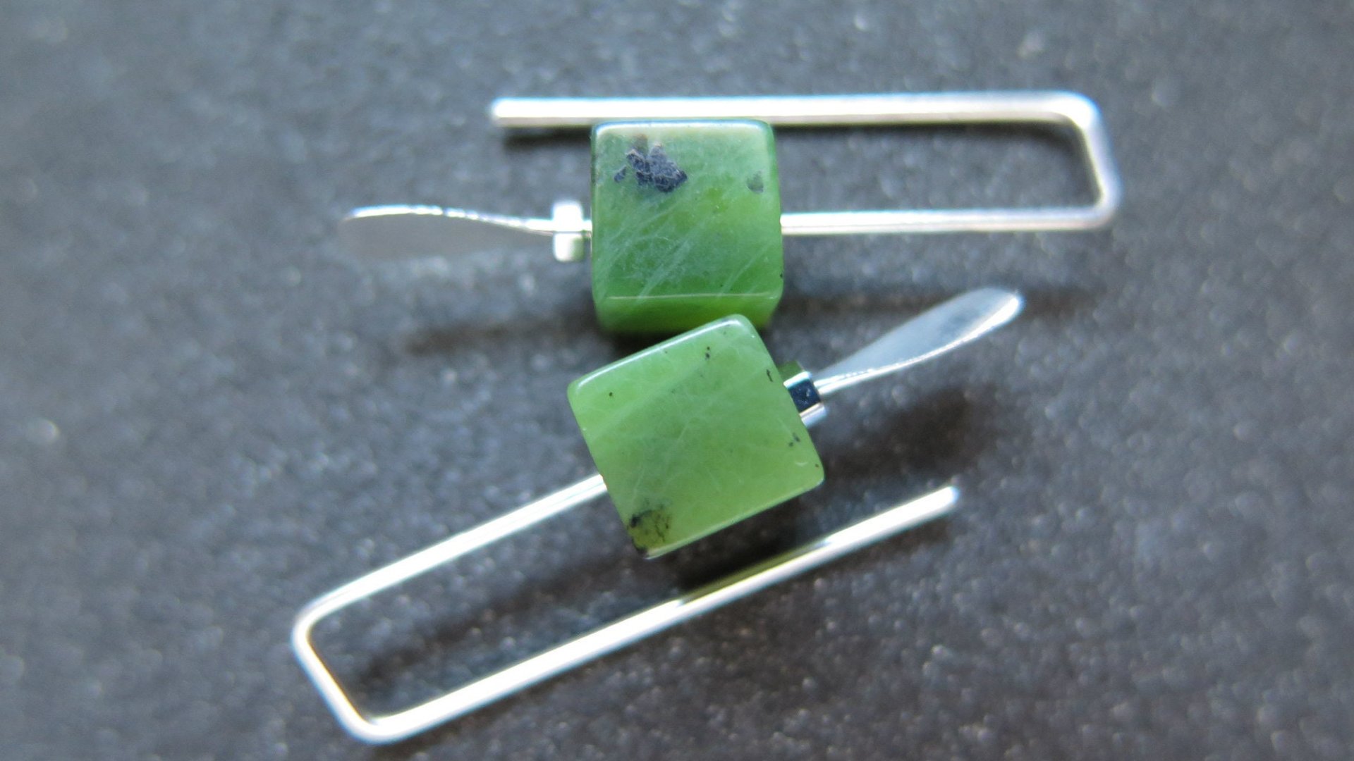 small green jade earrings from Canada. nephrite jade jewelry. cube earrings. Canadian seller. 1 inch earrings.