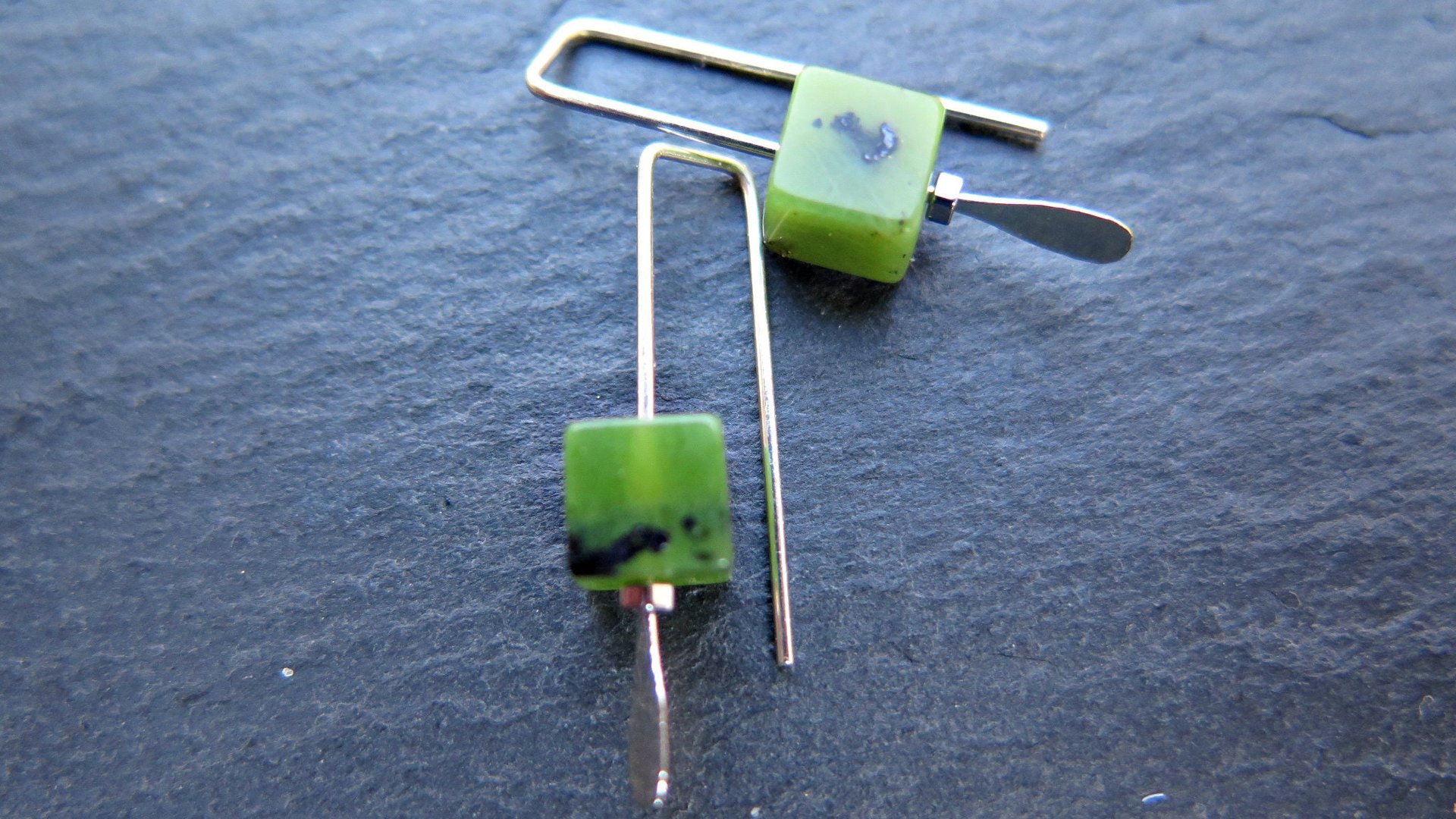 small green jade earrings from Canada. nephrite jade jewelry. cube earrings. Canadian seller. 1 inch earrings.