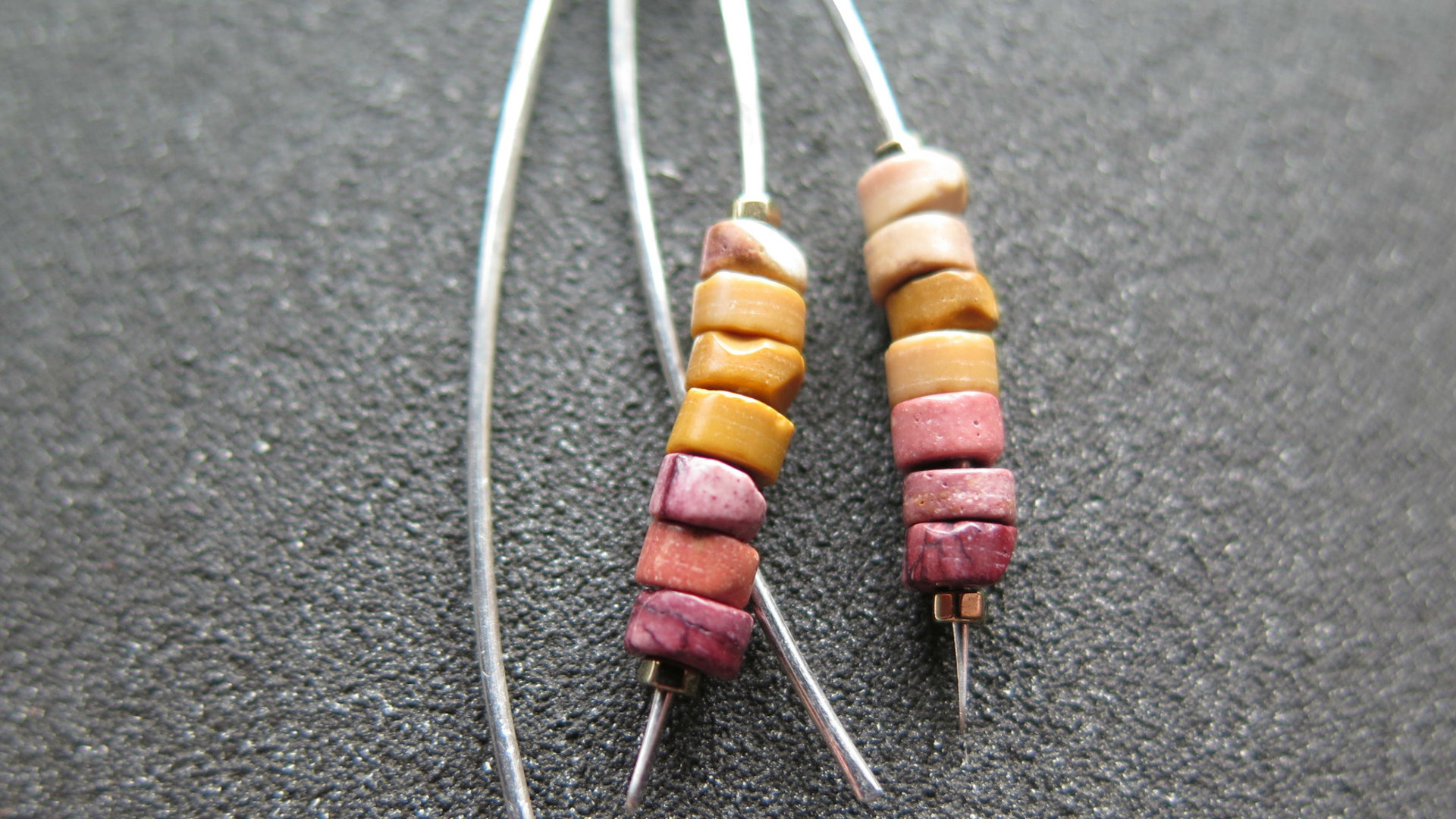 unique mookaite jasper earrings. modern stone jewelry in hammered sterling silver. made in Alberta Canada