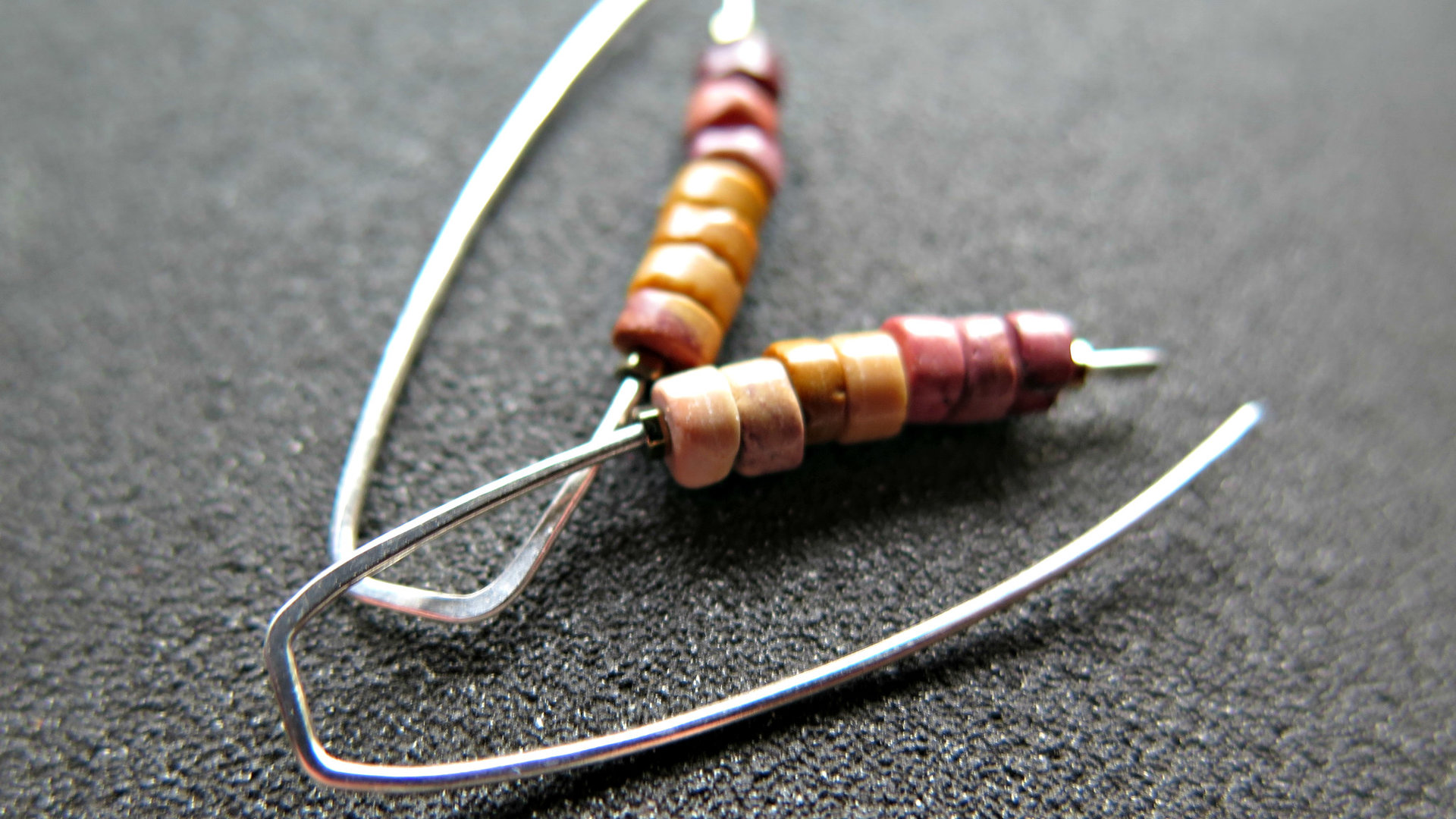 unique mookaite jasper earrings. modern stone jewelry in hammered sterling silver. made in Alberta Canada