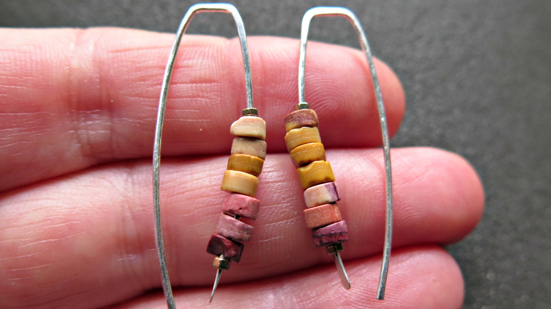 unique mookaite jasper earrings. modern stone jewelry in hammered sterling silver. made in Alberta Canada