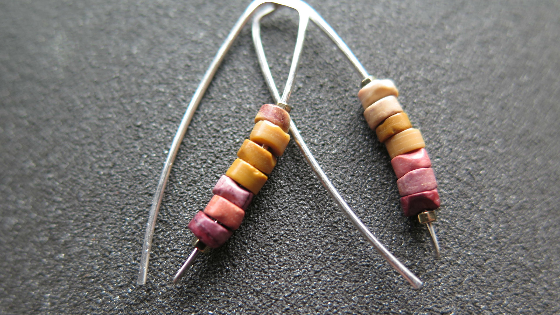 unique mookaite jasper earrings. modern stone jewelry in hammered sterling silver. made in Alberta Canada