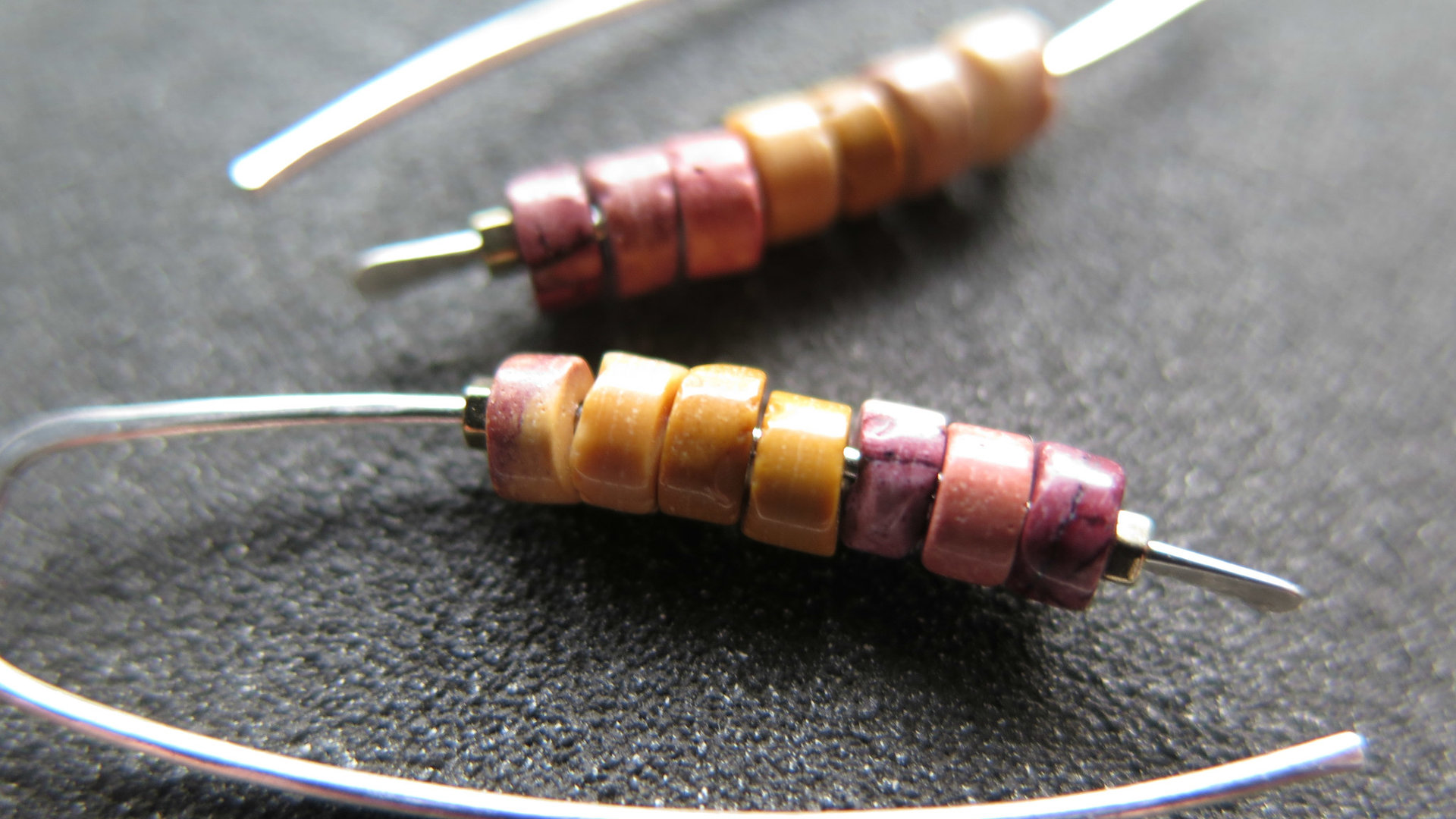 unique mookaite jasper earrings. modern stone jewelry in hammered sterling silver. made in Alberta Canada