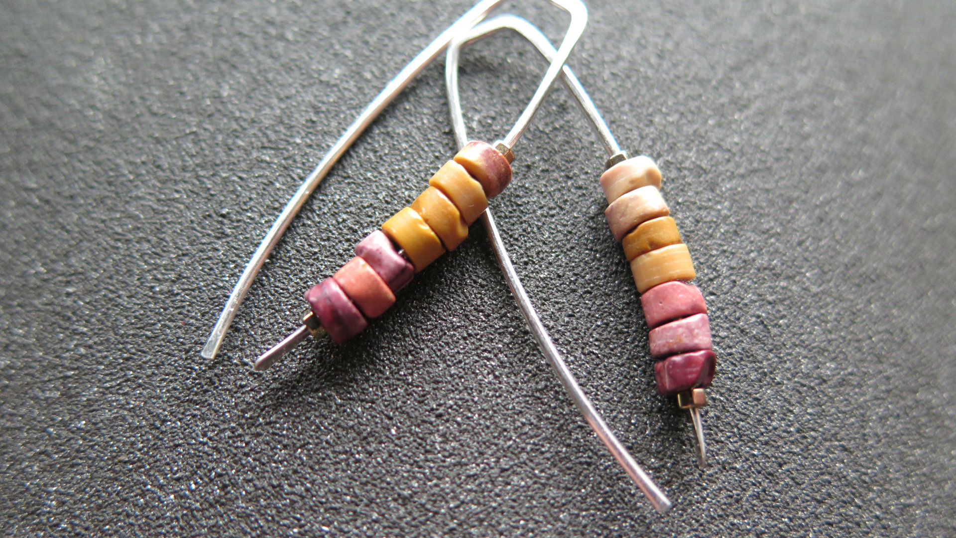 unique mookaite jasper earrings. modern stone jewelry in hammered sterling silver. made in Alberta Canada