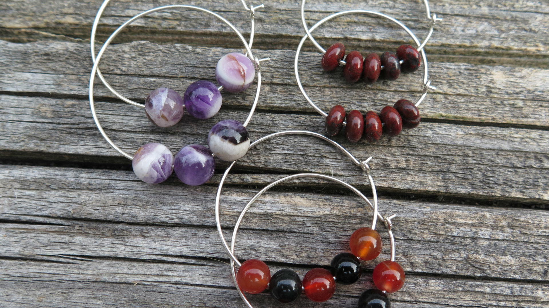 Custom order for M. unique sterling silver hoops with natural amethyst, jasper and carnelian stones. handmade in Calgary.