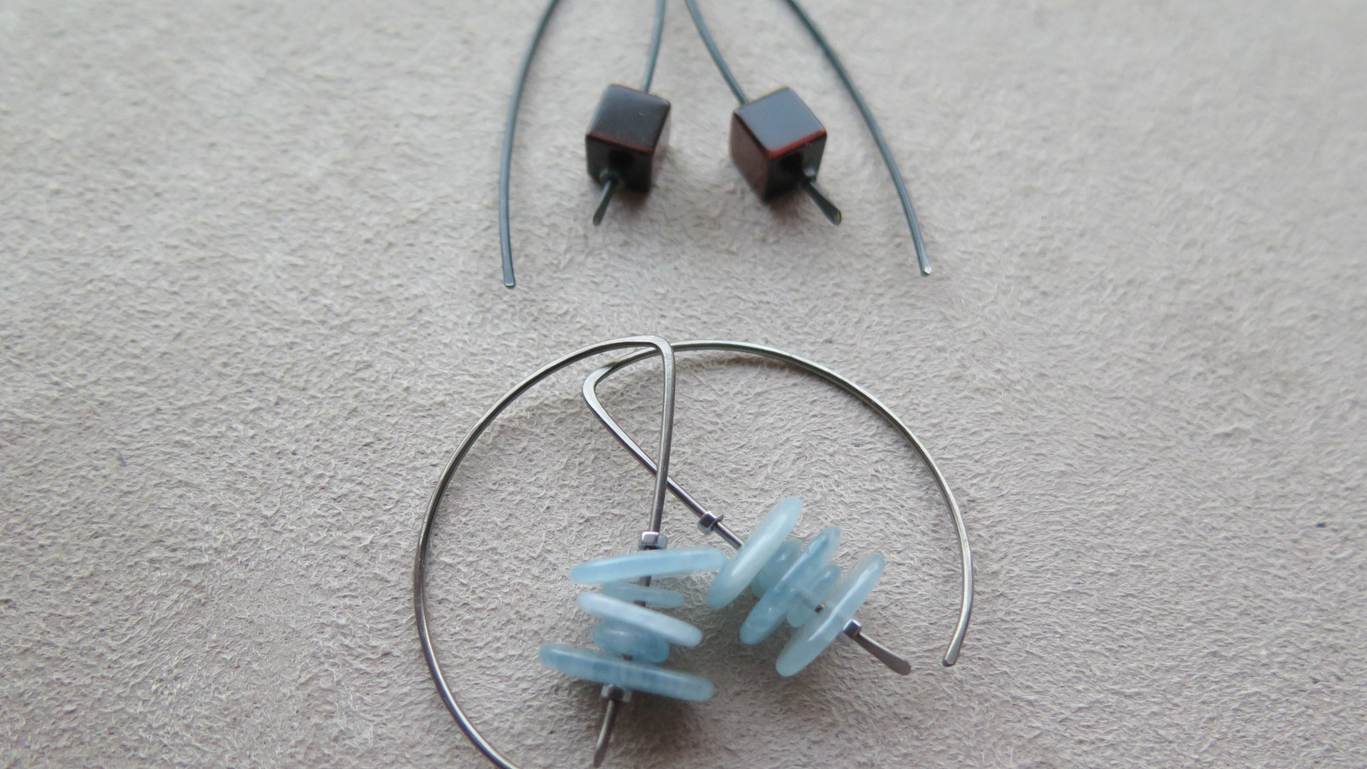 Custom red tiger eye and aquamarine niobium earrings for the lovely J.
