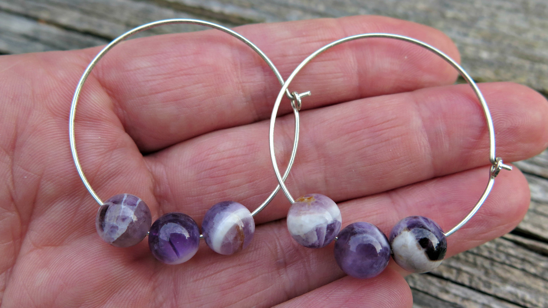 Custom order for M. unique sterling silver hoops with natural amethyst, jasper and carnelian stones. handmade in Calgary.