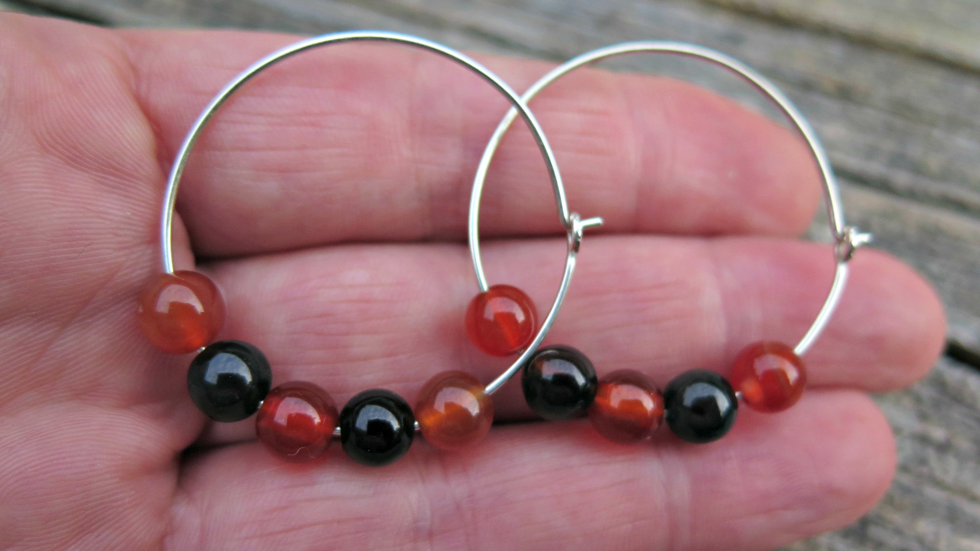 Custom order for M. unique sterling silver hoops with natural amethyst, jasper and carnelian stones. handmade in Calgary.