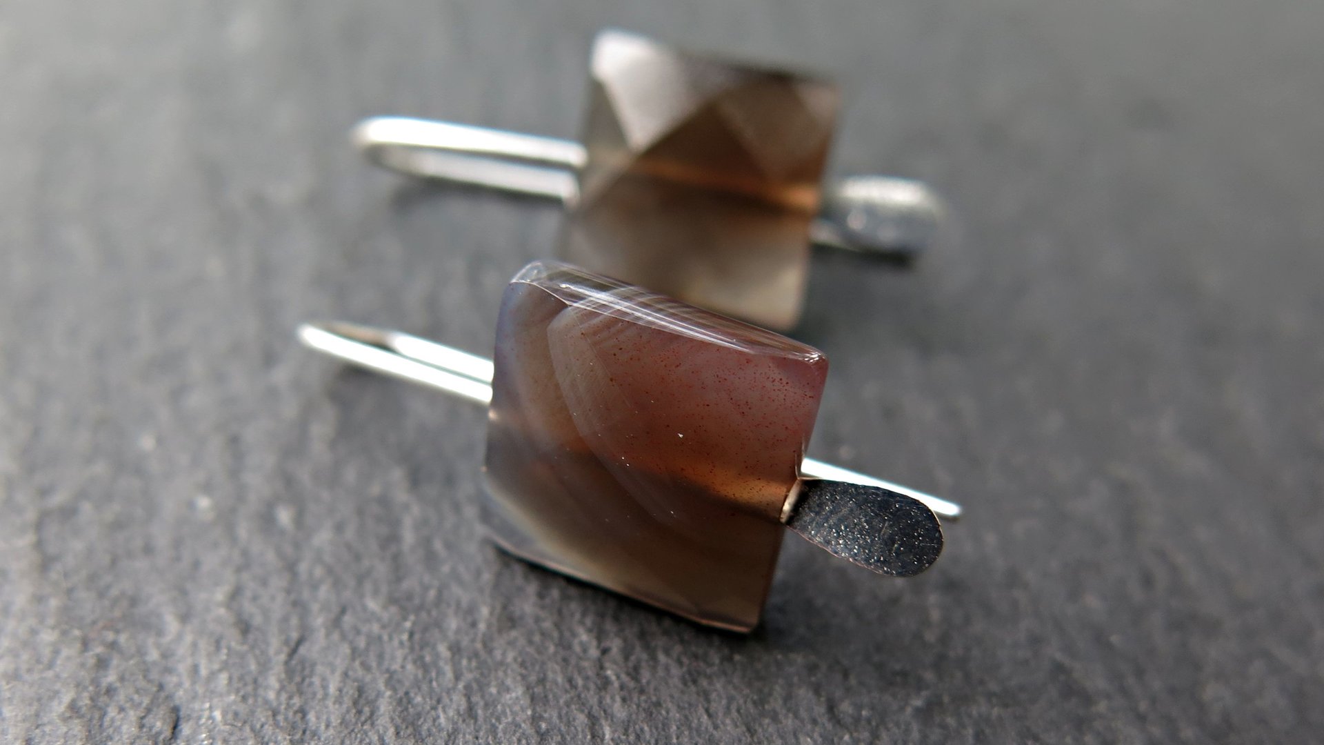 On hold for N small square agate earrings. contemporary silver jewellery. splurge. Canadian made product.