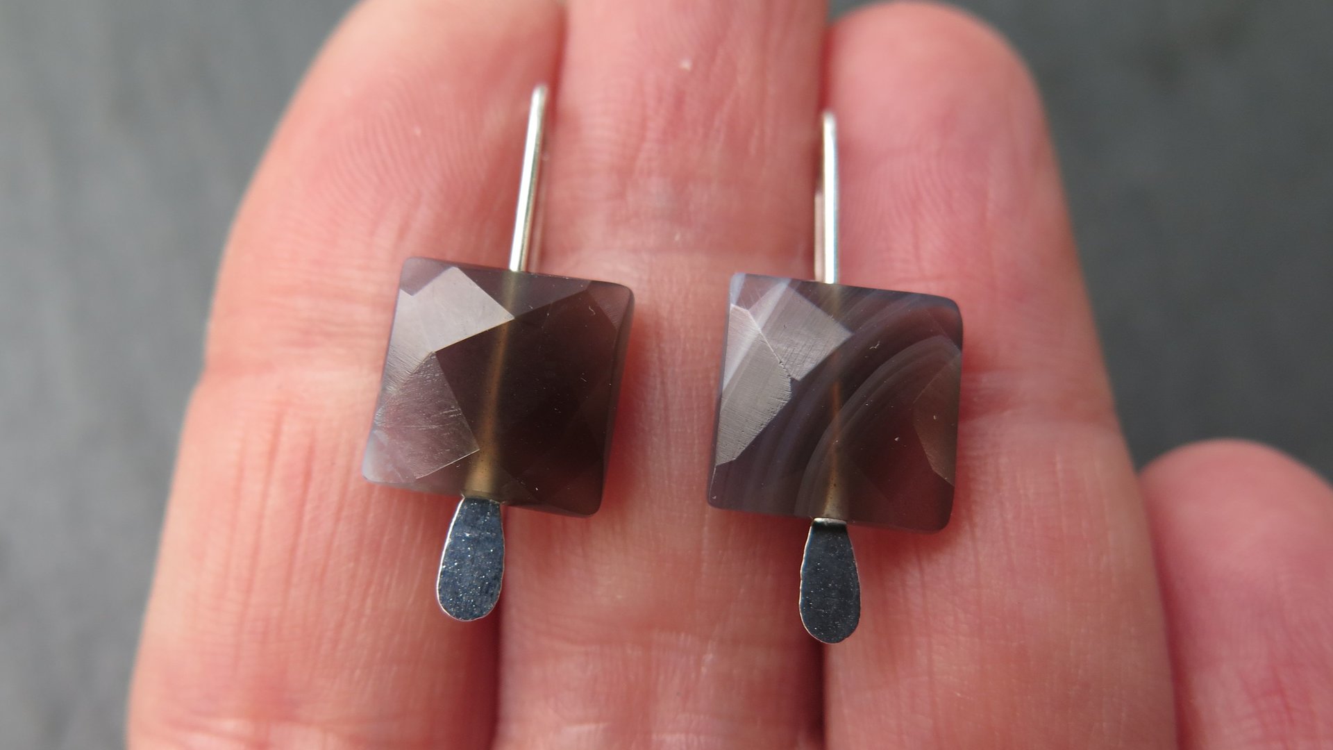 On hold for N small square agate earrings. contemporary silver jewellery. splurge. Canadian made product.