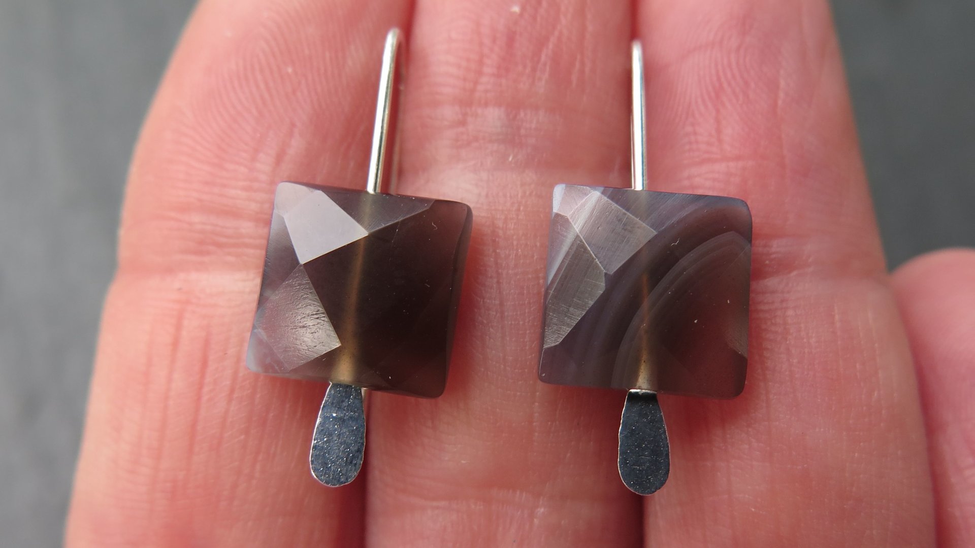 On hold for N small square agate earrings. contemporary silver jewellery. splurge. Canadian made product.