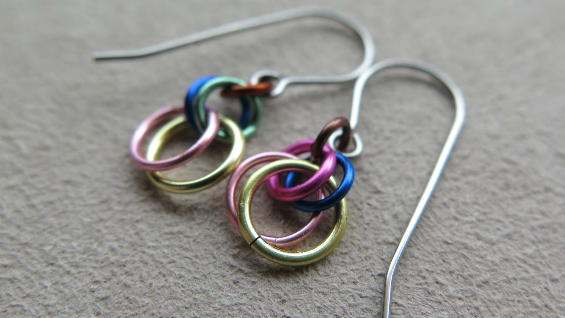 fun chainmail earrings. multicolor dangle earrings. hypoallergenic stainless steel earwires. made in Canada.