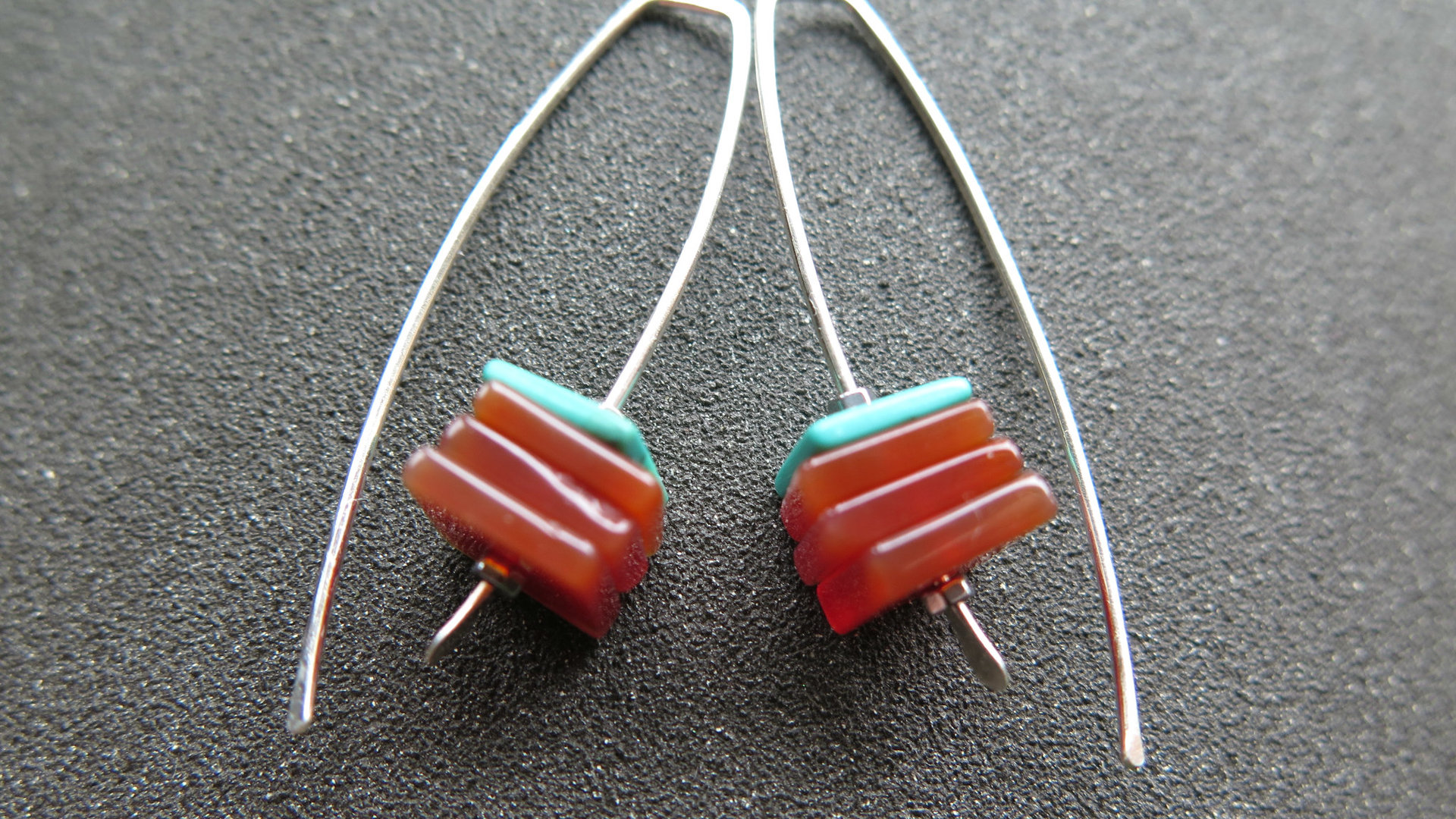 carnelian and turquoise earrings. sterling silver earrings. modern square stone earrings. artisan jewelry. blue and orange jewellery.