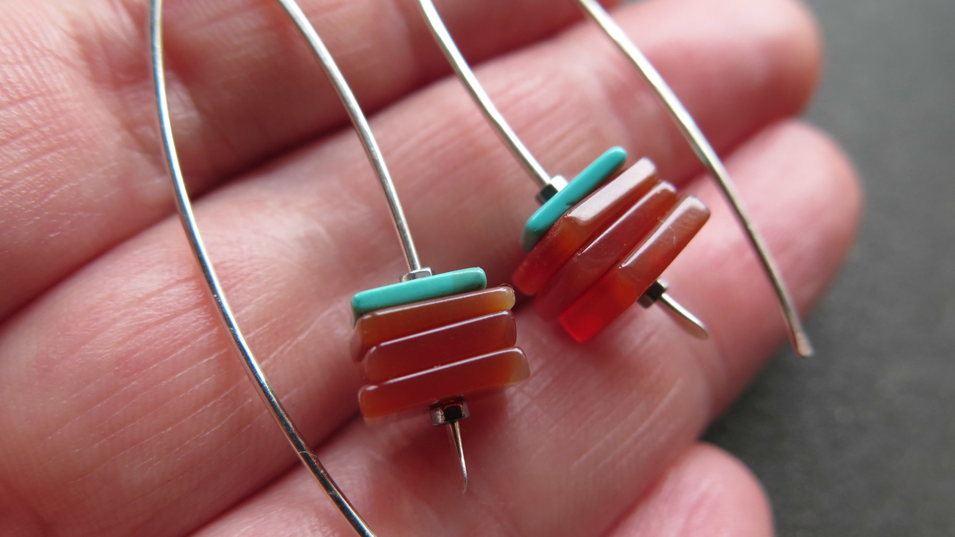carnelian and turquoise earrings. sterling silver earrings. modern square stone earrings. artisan jewelry. blue and orange jewellery.