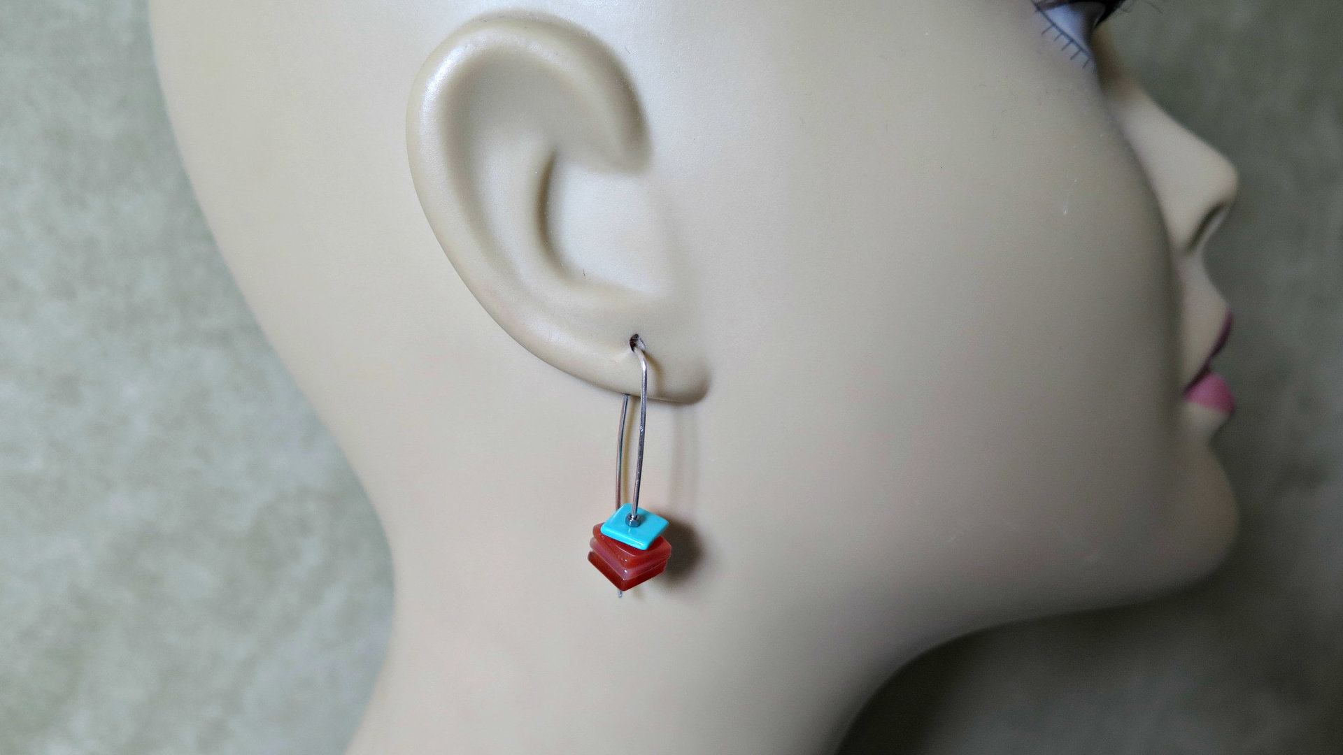 carnelian and turquoise earrings. sterling silver earrings. modern square stone earrings. artisan jewelry. blue and orange jewellery.