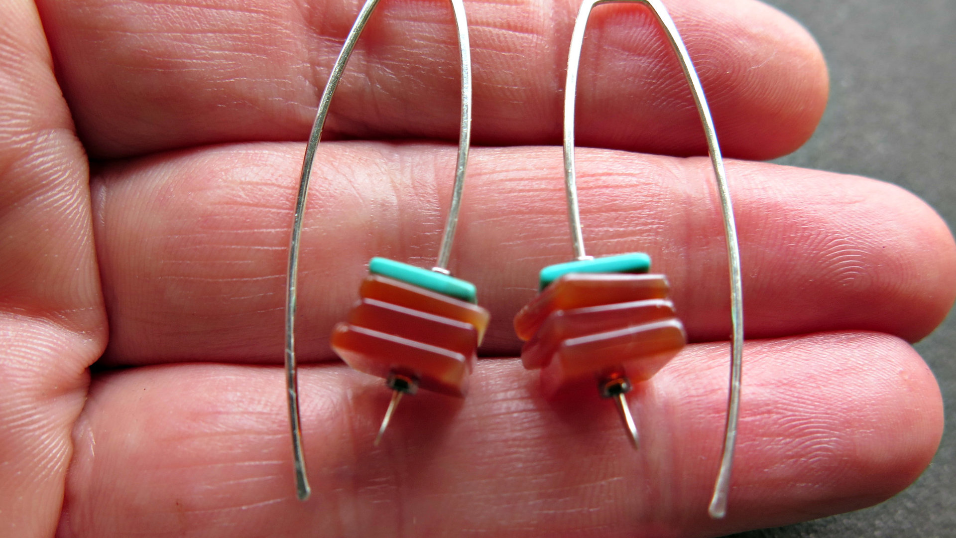 carnelian and turquoise earrings. sterling silver earrings. modern square stone earrings. artisan jewelry. blue and orange jewellery.