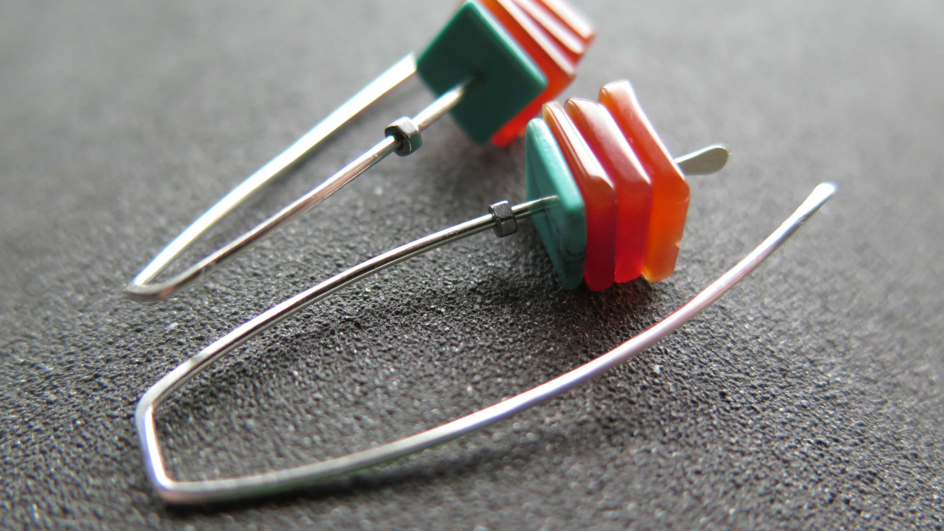 carnelian and turquoise earrings. sterling silver earrings. modern square stone earrings. artisan jewelry. blue and orange jewellery.