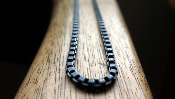 mens box chain necklace. anodized aluminum jewelry. black necklace with silver edge. made in Canada.