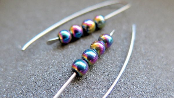 rainbow hematite earrings in hypoallergenic niobium. Canadian seller.