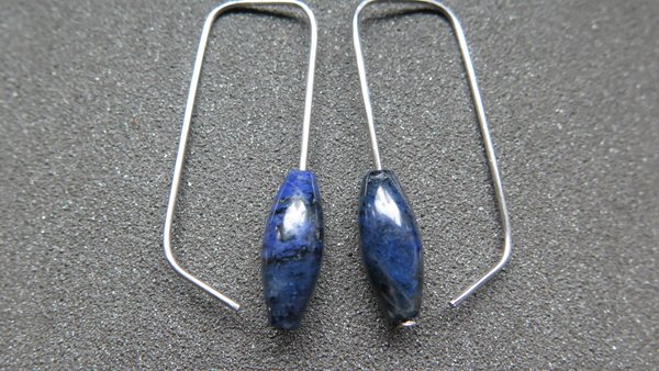 blue sodalite earrings. hypoallergenic stainless steel jewelry for sensitive ears. navy blue and black stones.