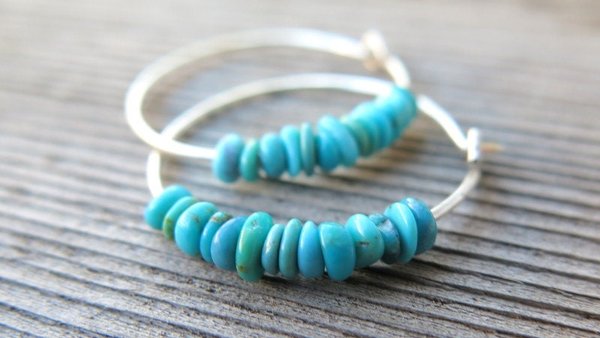 natural turquoise earrings. small 7/8 inch sterling silver hoops. Canadian seller in Calgary. turquoise jewelry.