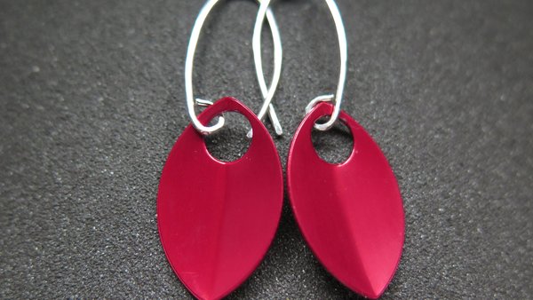 crimson red earrings in sterling silver. red jewellery. sterling silver dangle earings.